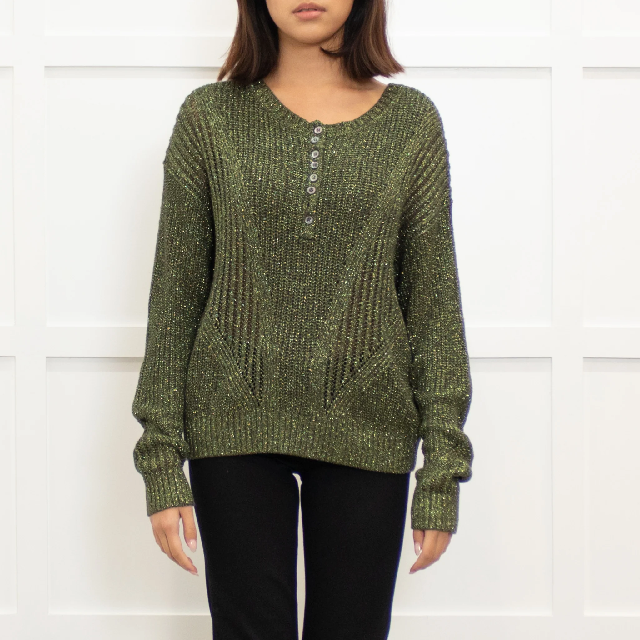 Patrizia Pepe Green Sparkly Jumper With Buttons - Image 2