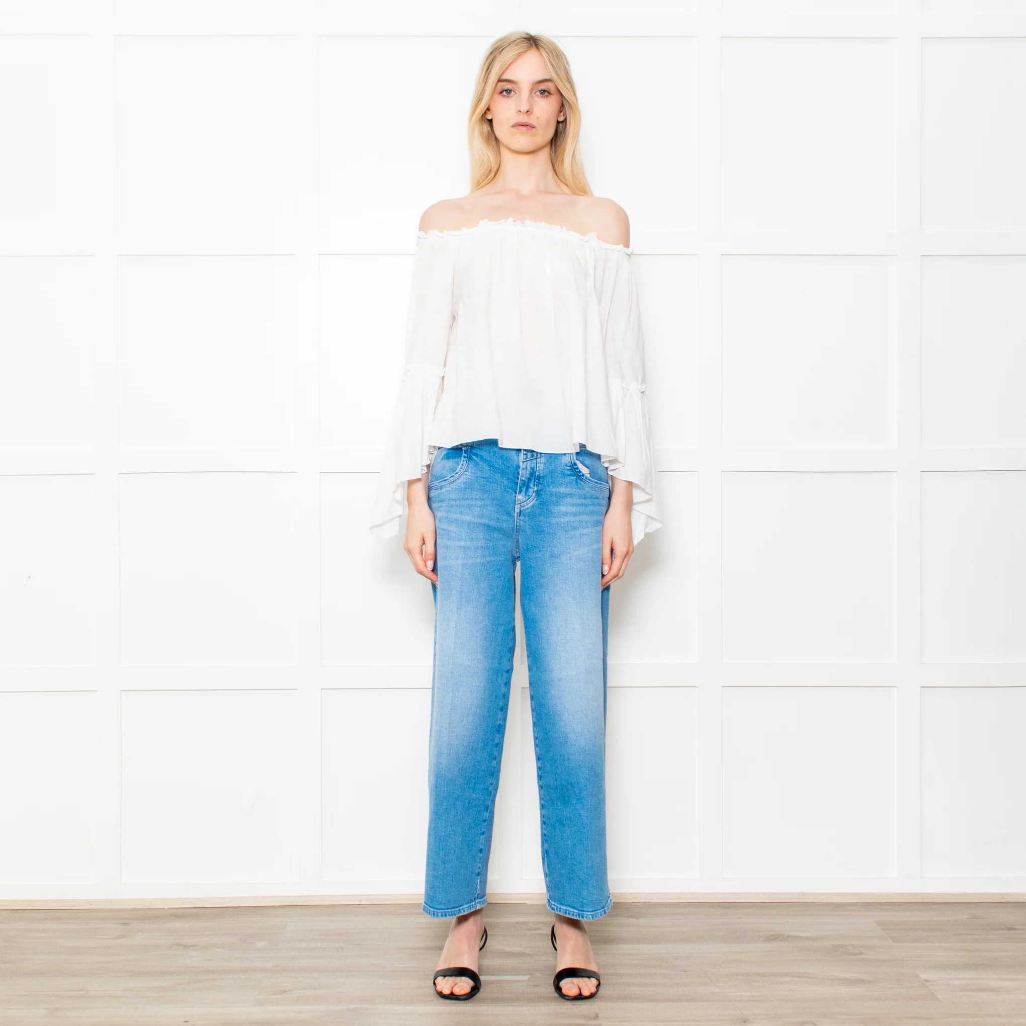 Patrizia Pepe White Cotton Scoop Neck Frill Blouse
