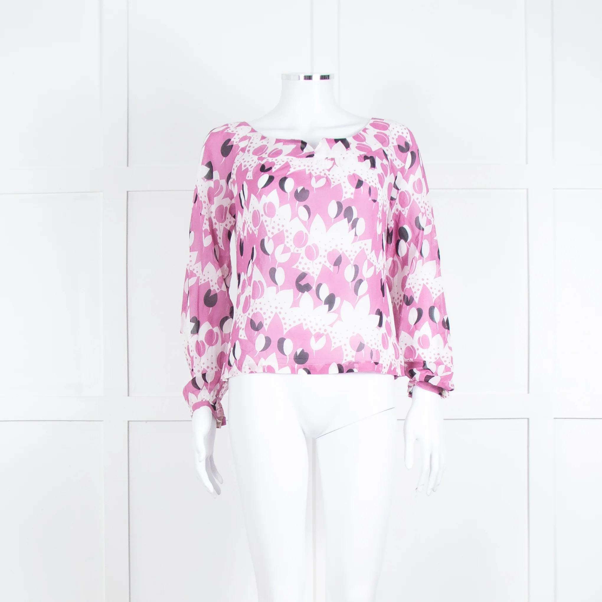 Paul & Joe White Lilac Black Floral Long Sleeve Fine Cotton Top