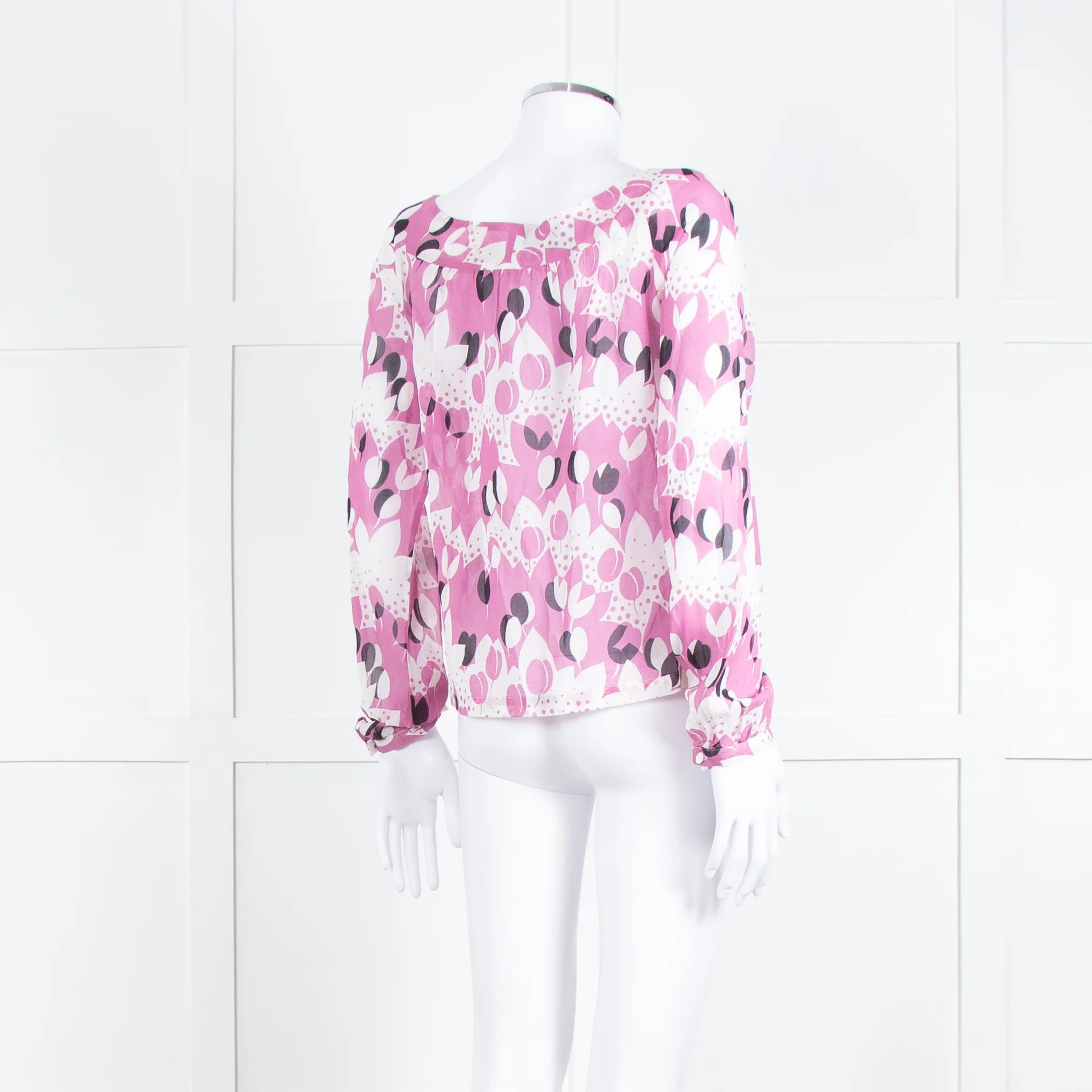 Paul & Joe White Lilac Black Floral Long Sleeve Fine Cotton Top - Image 6