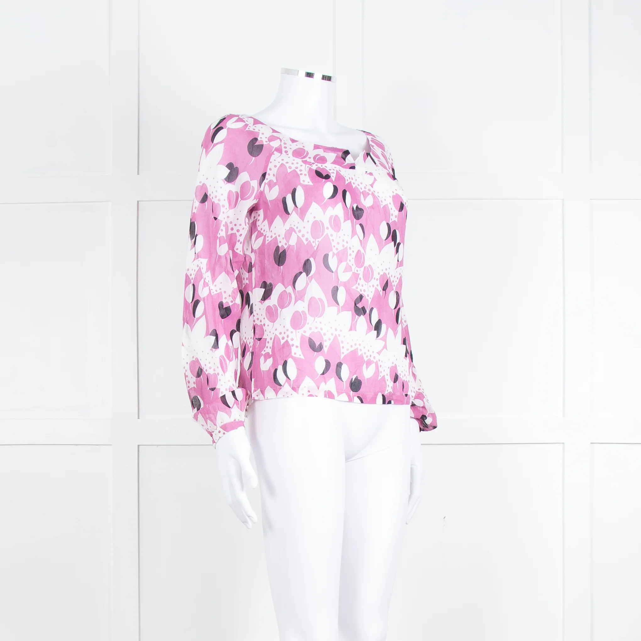Paul & Joe White Lilac Black Floral Long Sleeve Fine Cotton Top - Image 8