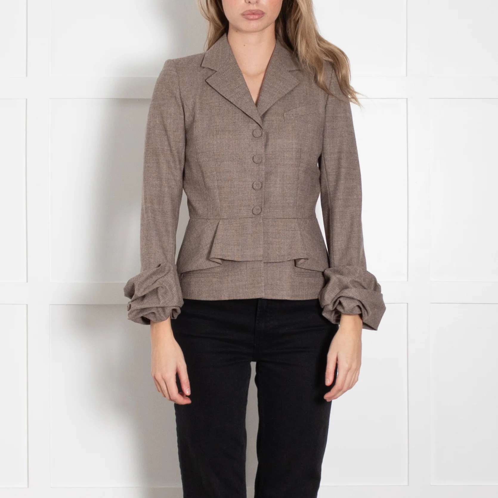Paule Ka Brown Cream Check Ruffled Sleeves Wool Jacket - Image 2