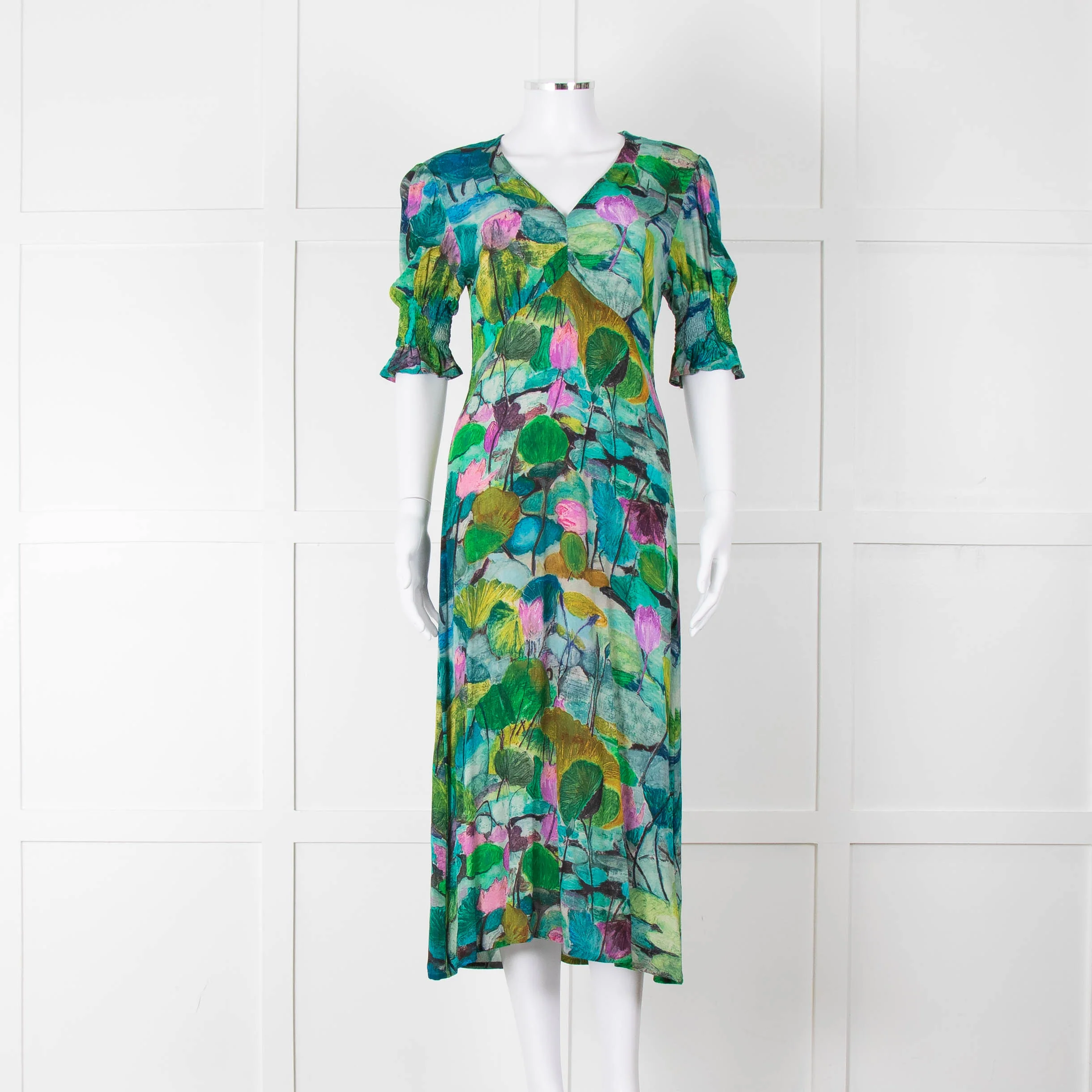 Pazuki Green Purple Floral Puff Sleeve Midi Dress - Image 2