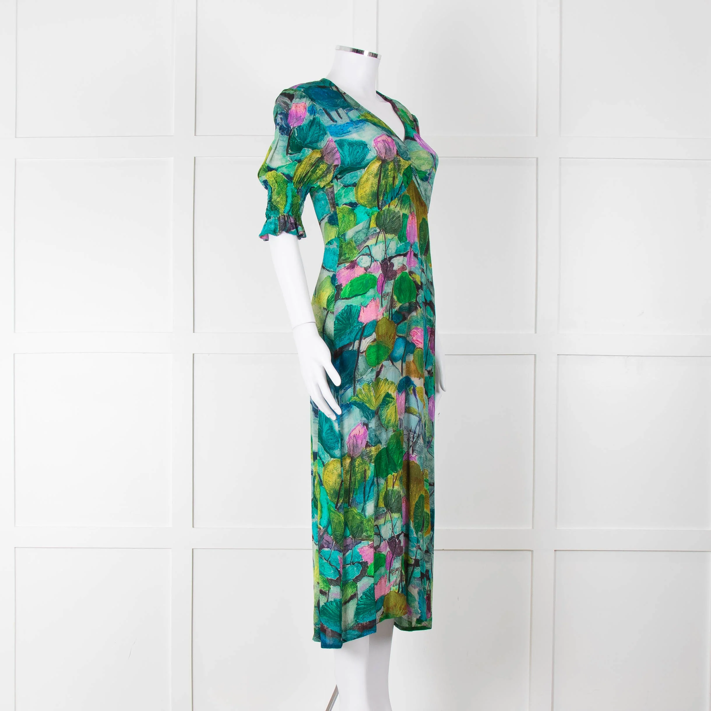 Pazuki Green Purple Floral Puff Sleeve Midi Dress - Image 3