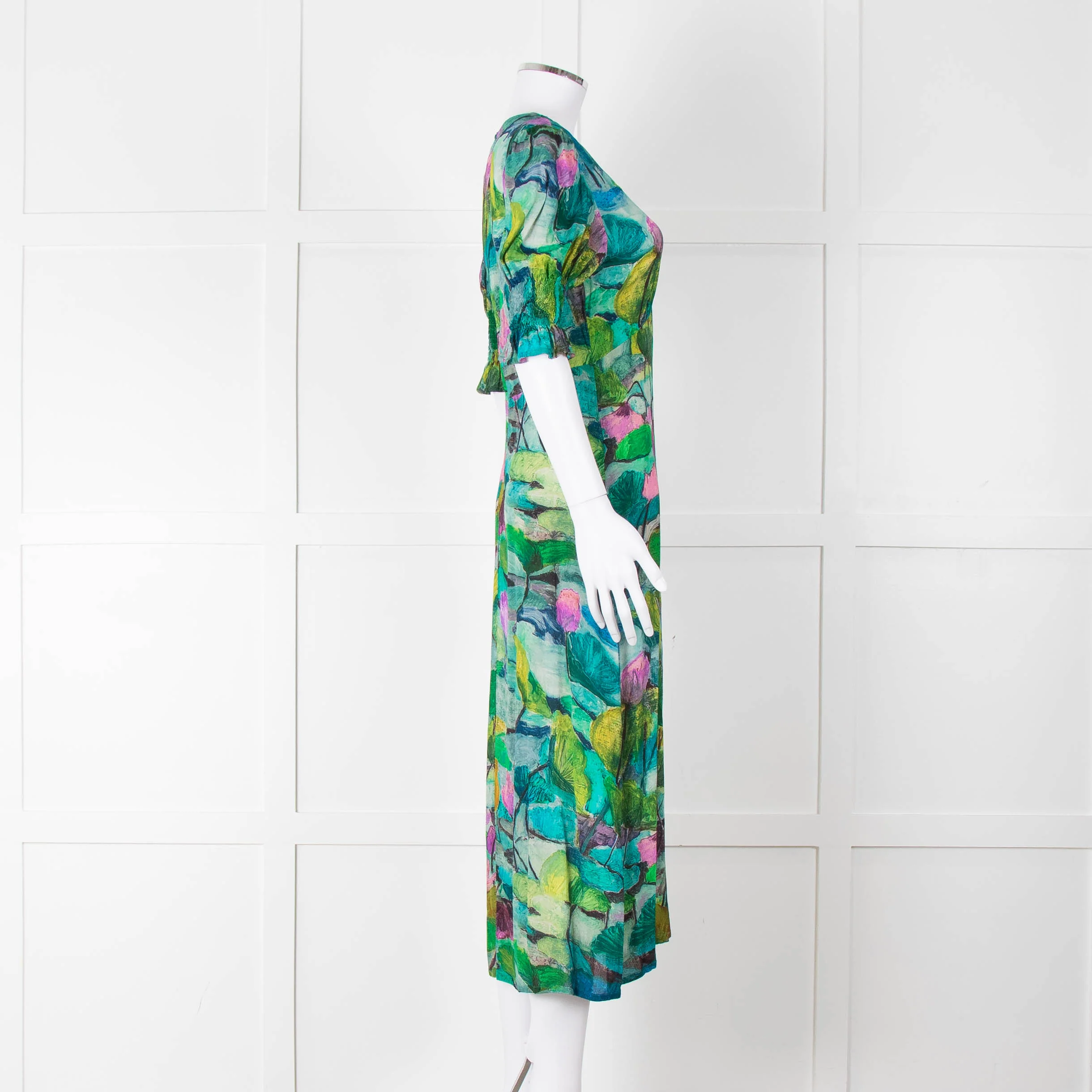 Pazuki Green Purple Floral Puff Sleeve Midi Dress - Image 4
