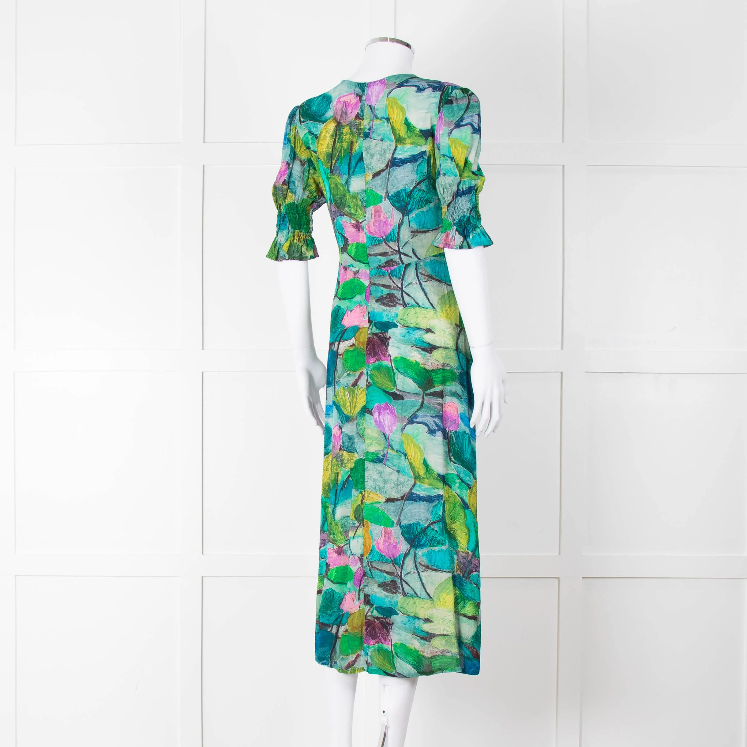 Pazuki Green Purple Floral Puff Sleeve Midi Dress - Image 5