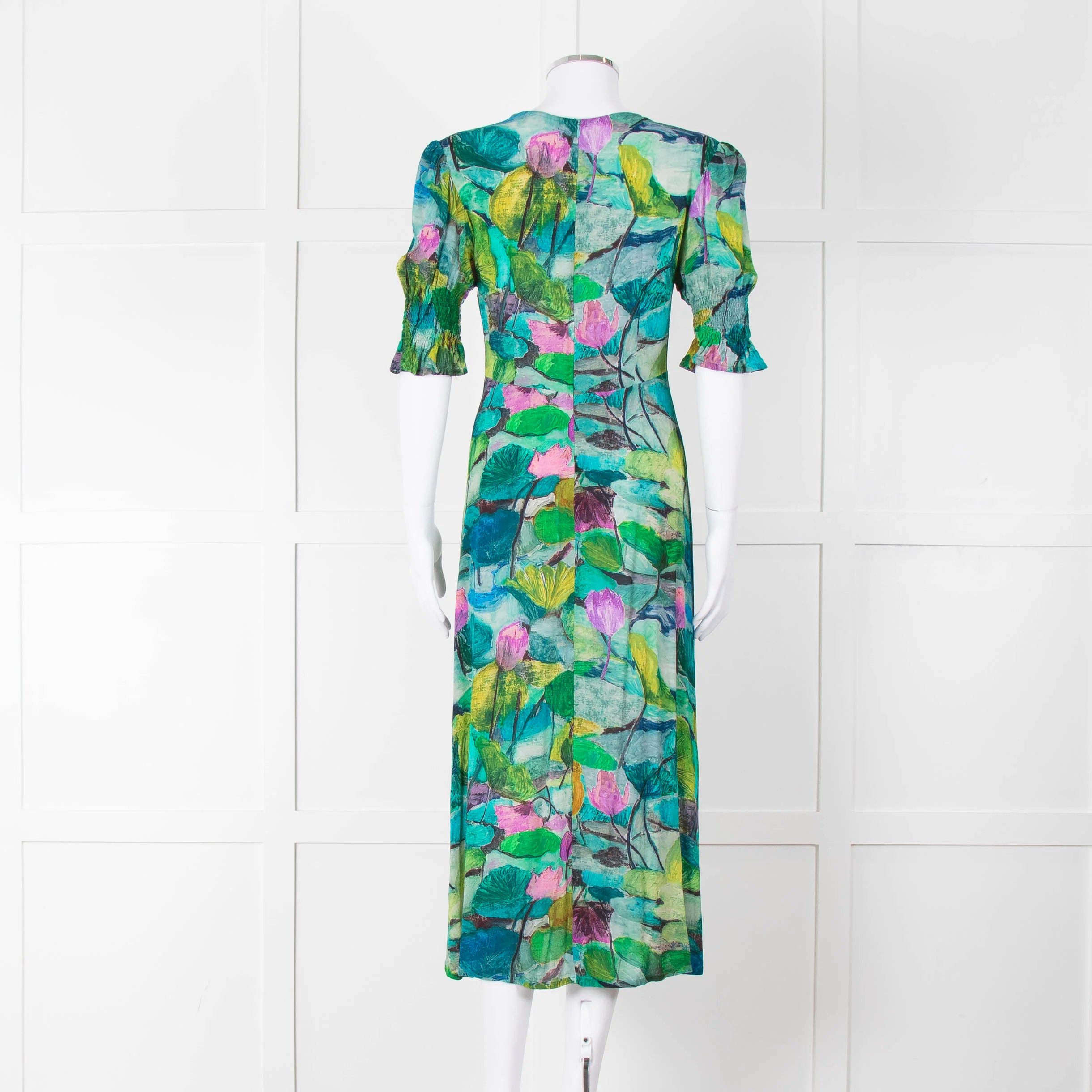 Pazuki Green Purple Floral Puff Sleeve Midi Dress - Image 6