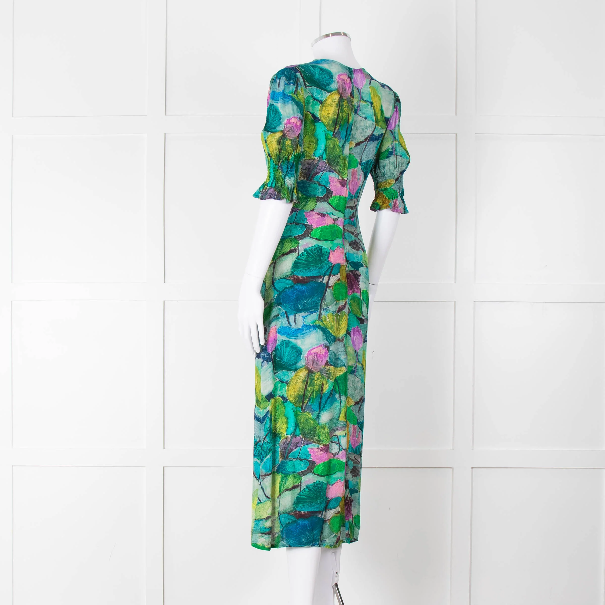Pazuki Green Purple Floral Puff Sleeve Midi Dress - Image 7