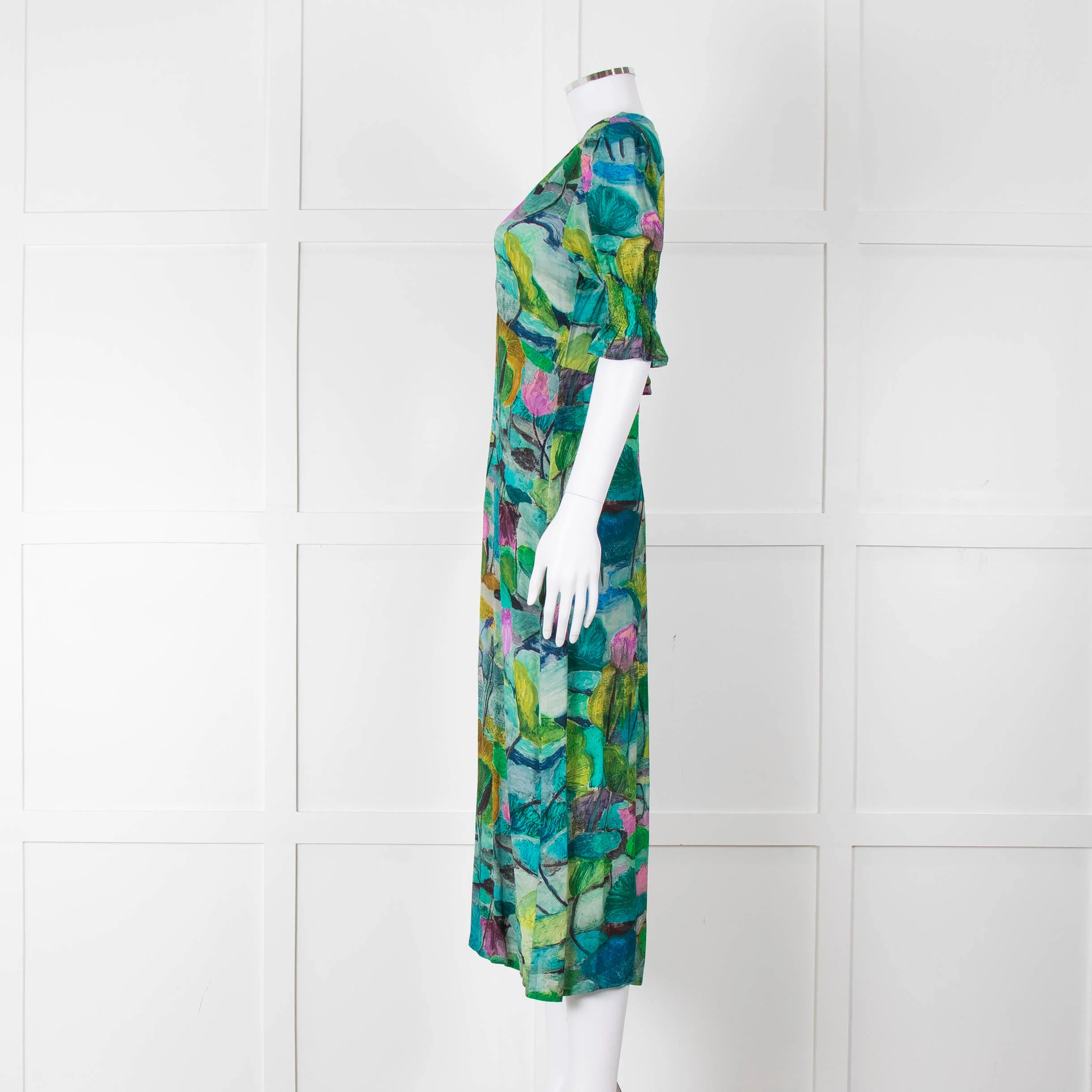 Pazuki Green Purple Floral Puff Sleeve Midi Dress - Image 8