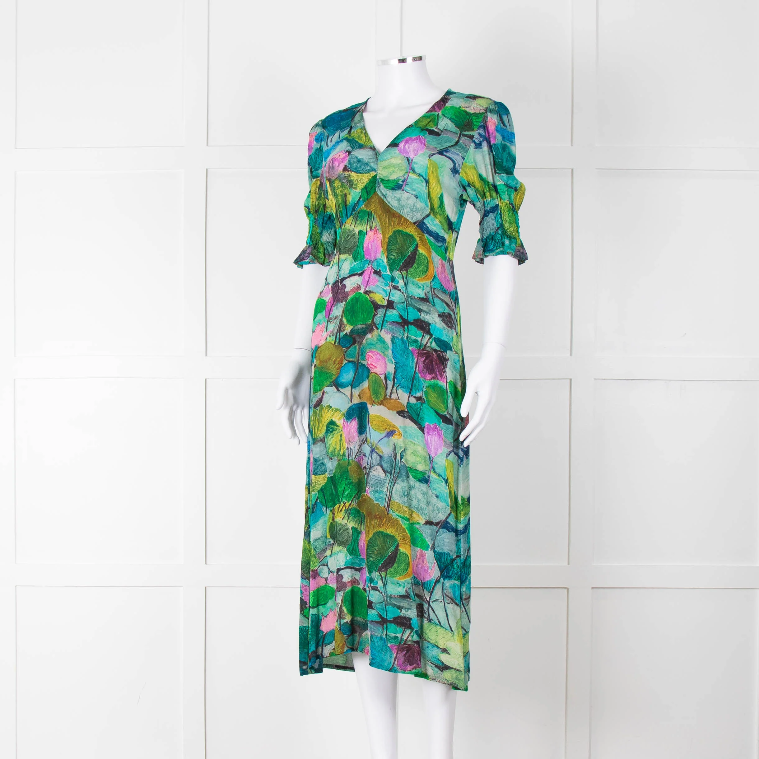 Pazuki Green Purple Floral Puff Sleeve Midi Dress - Image 9