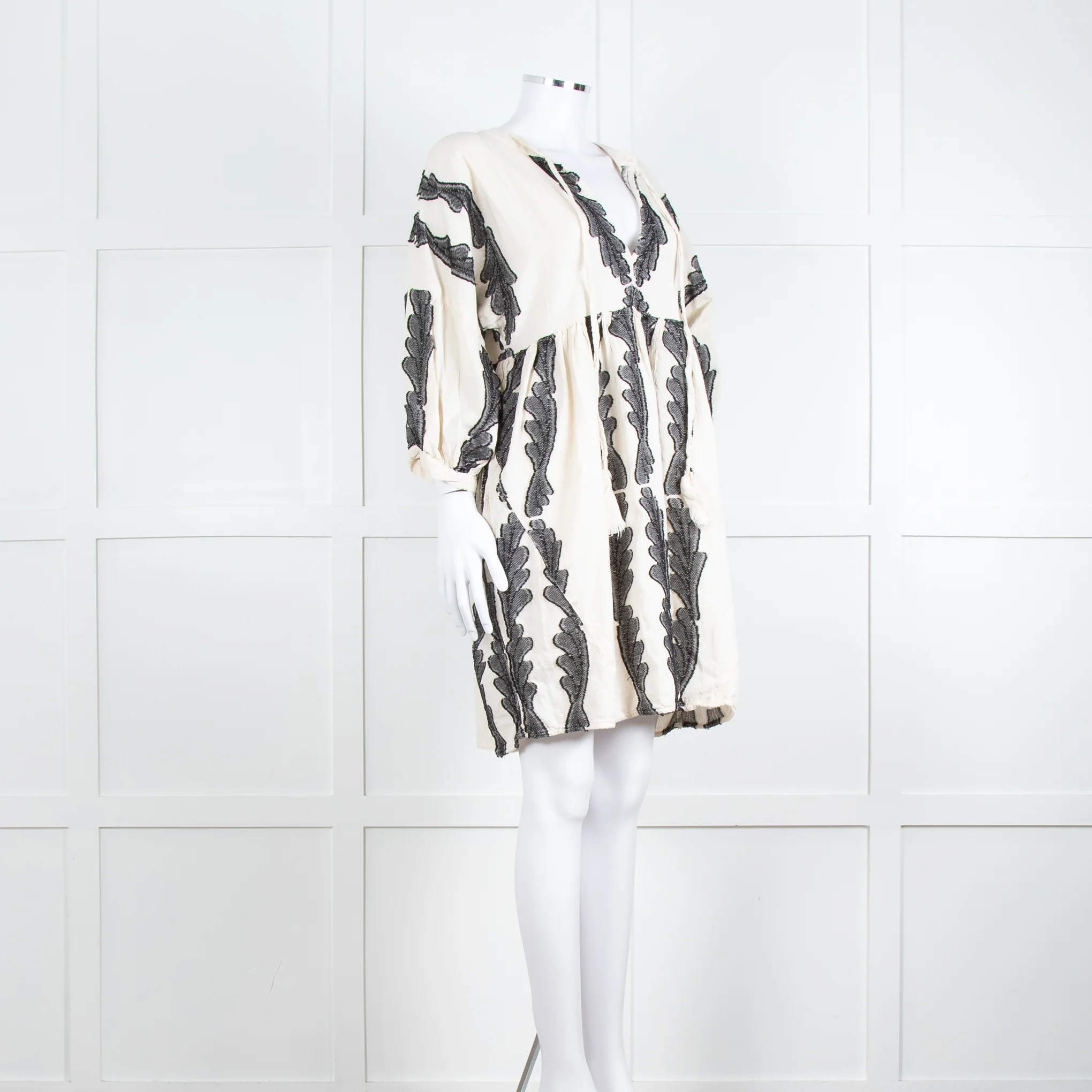 Pearl & Caviar Cream Black Cotton Long Sleeve Short Dress - Image 8
