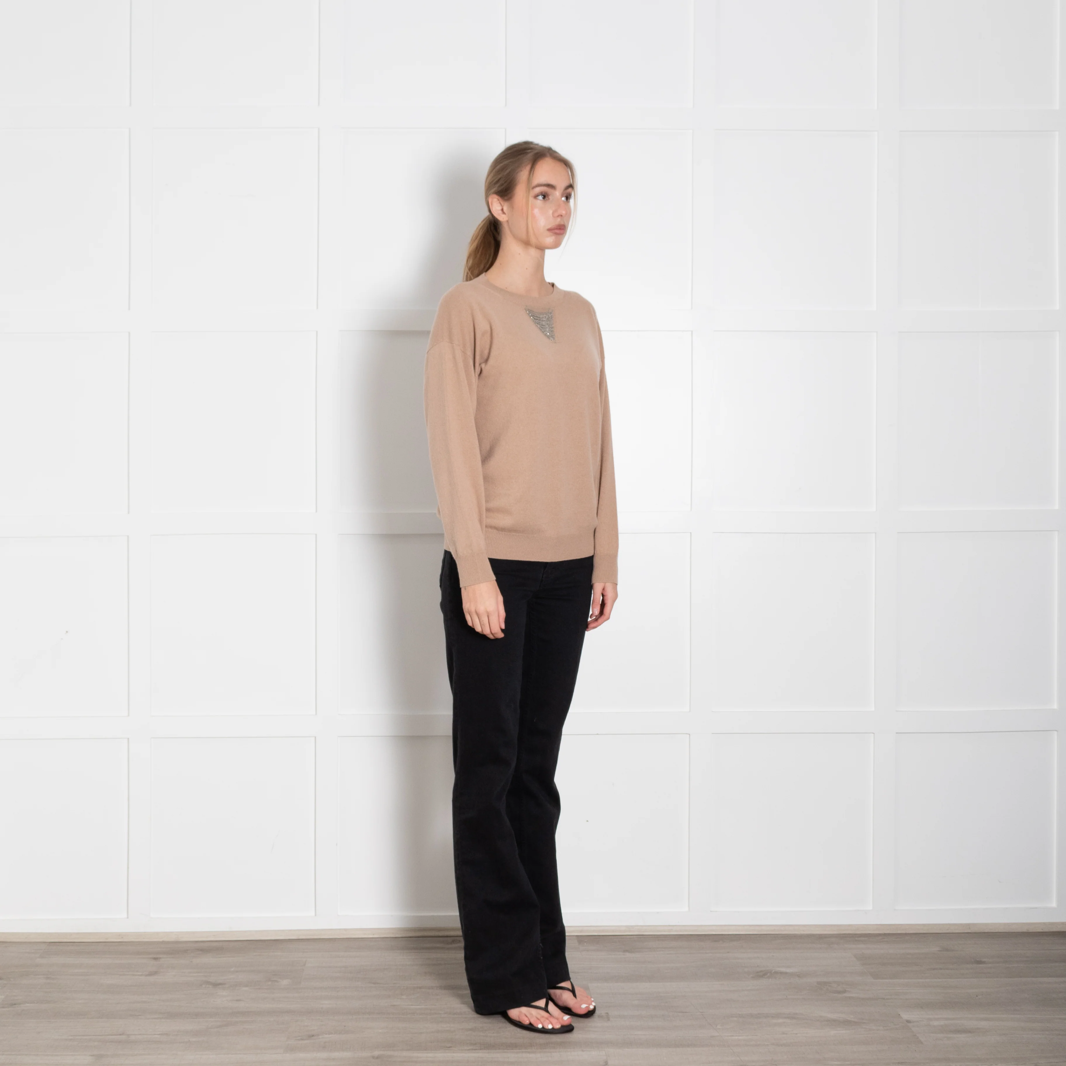 Peserico Camel Round Neck Jumper with Glitter Chain Detailing - Image 7