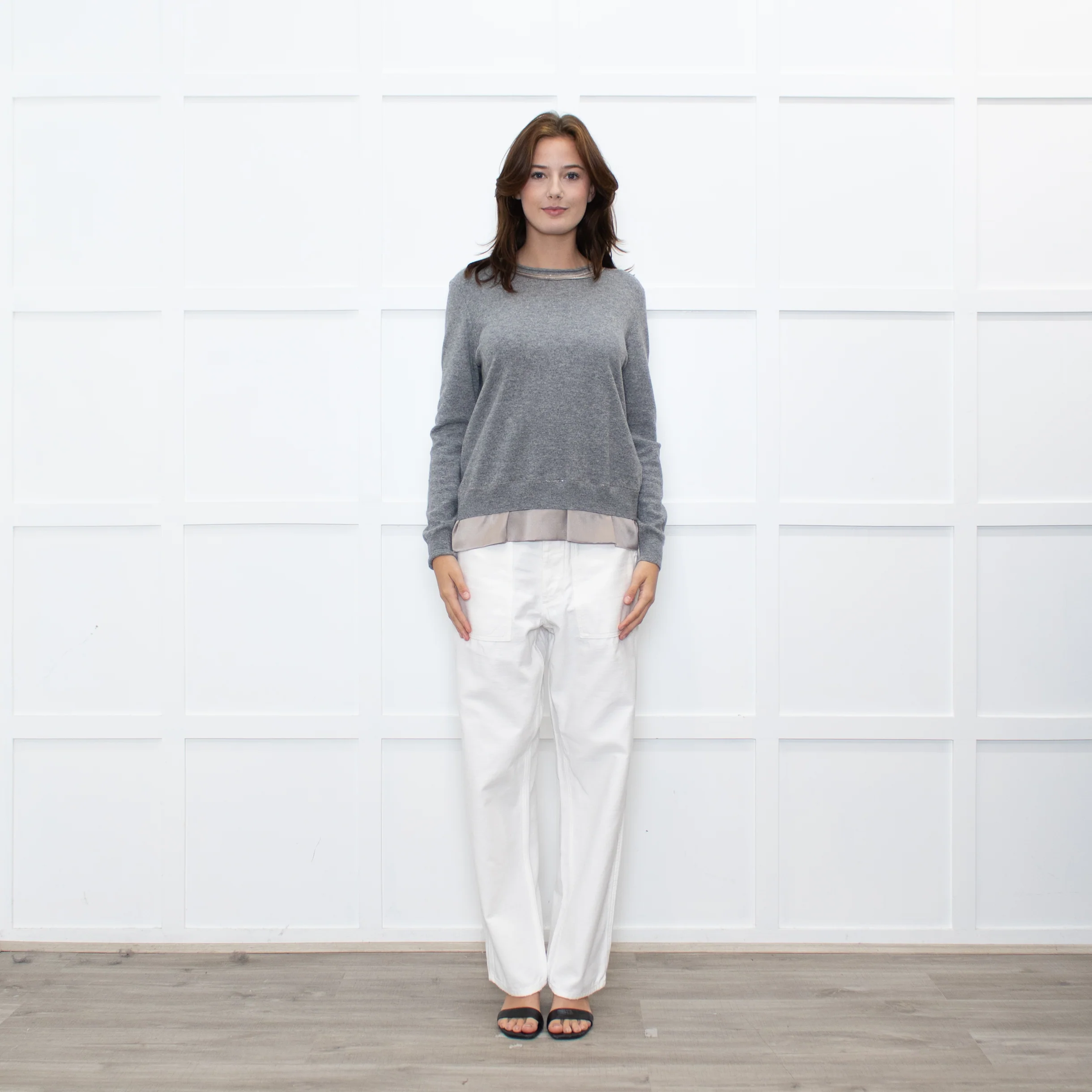 Peserico Grey Wool Beige Silk Trim Sweater