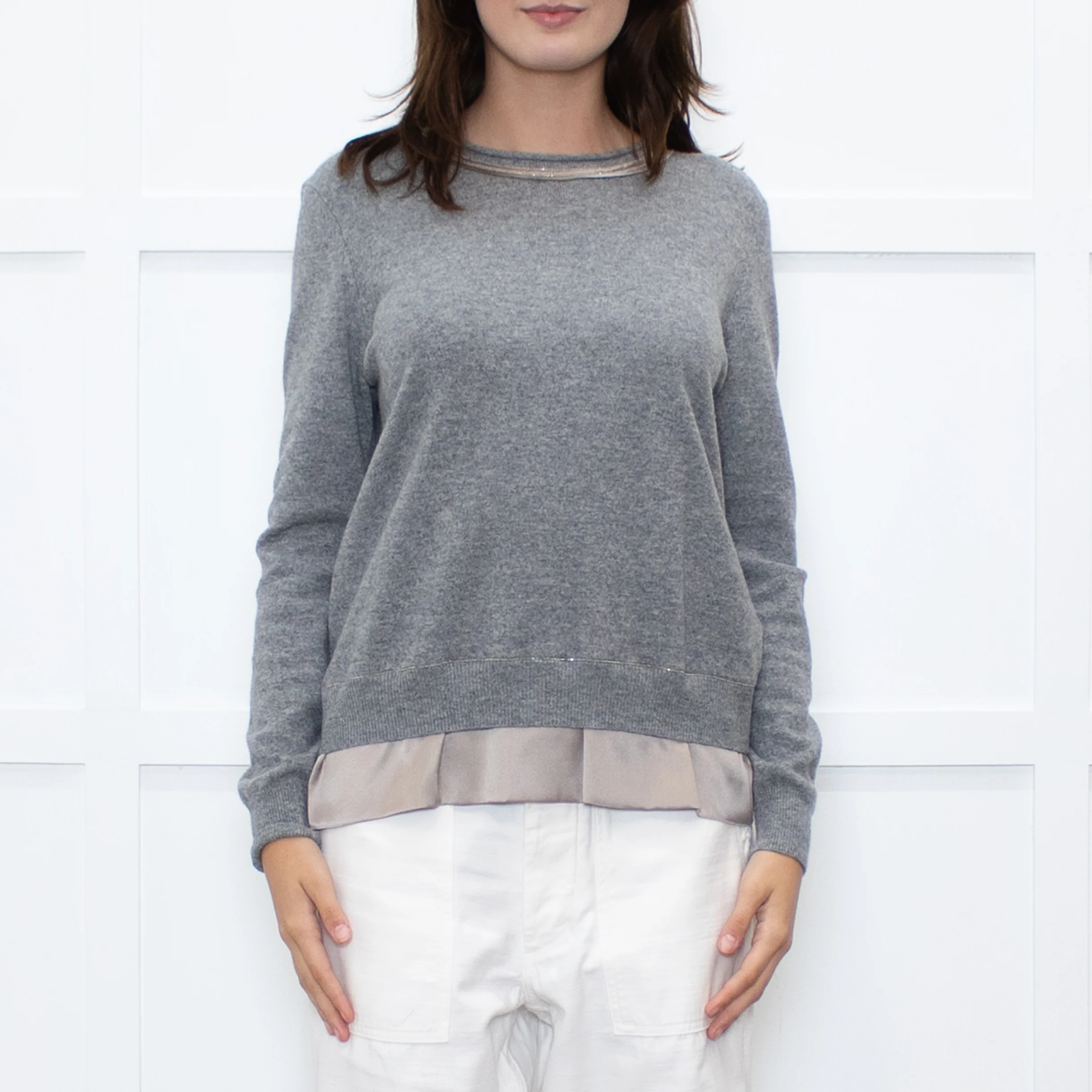 Peserico Grey Wool Beige Silk Trim Sweater - Image 2