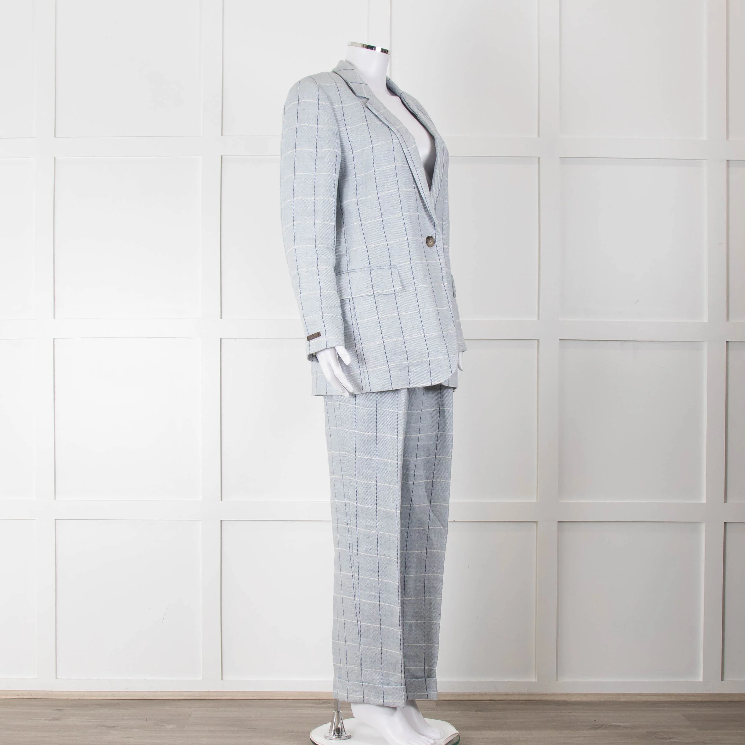 Peserico Pale Blue Check Linen Trousers with Turn Up - Image 10