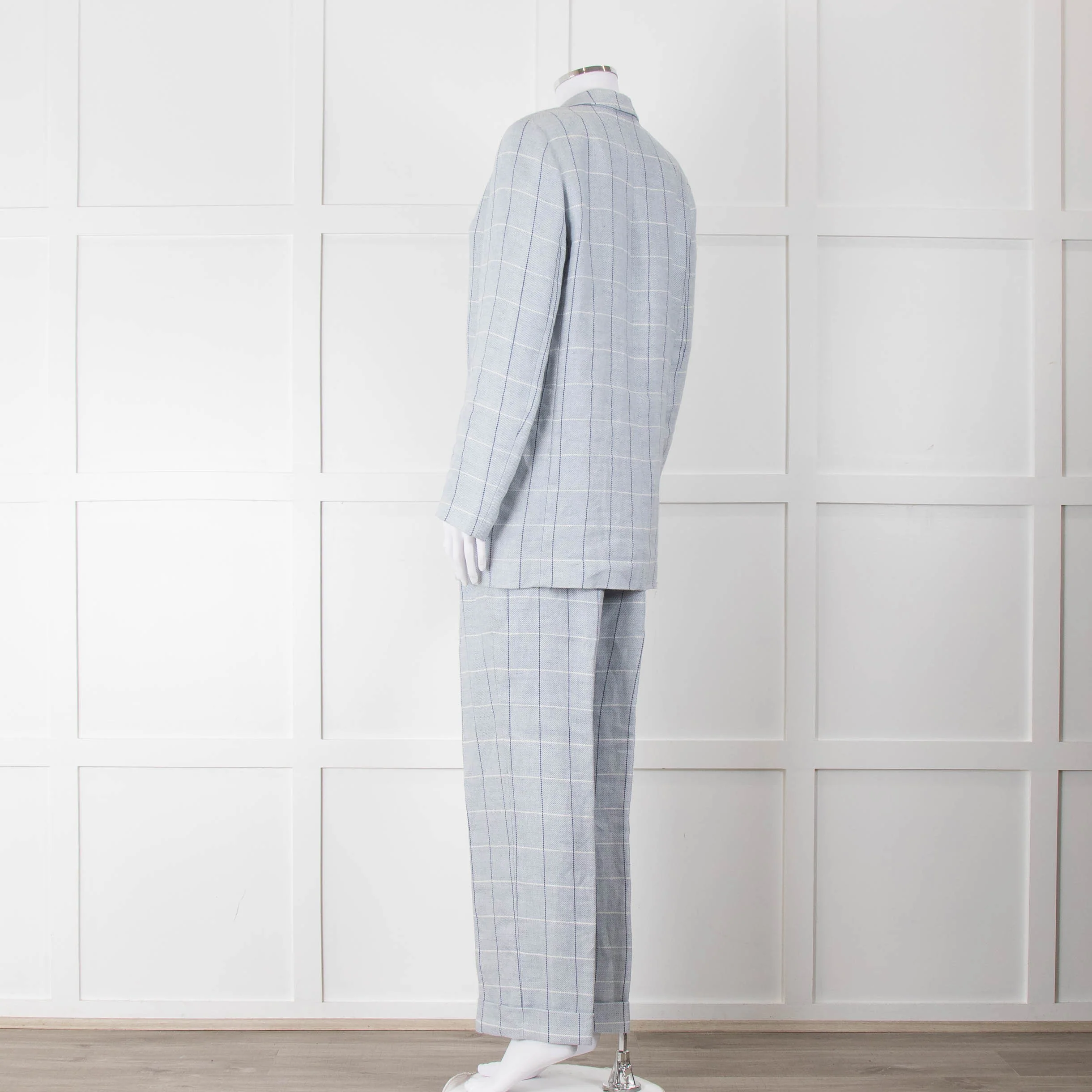 Peserico Pale Blue Check Linen Trousers with Turn Up - Image 14