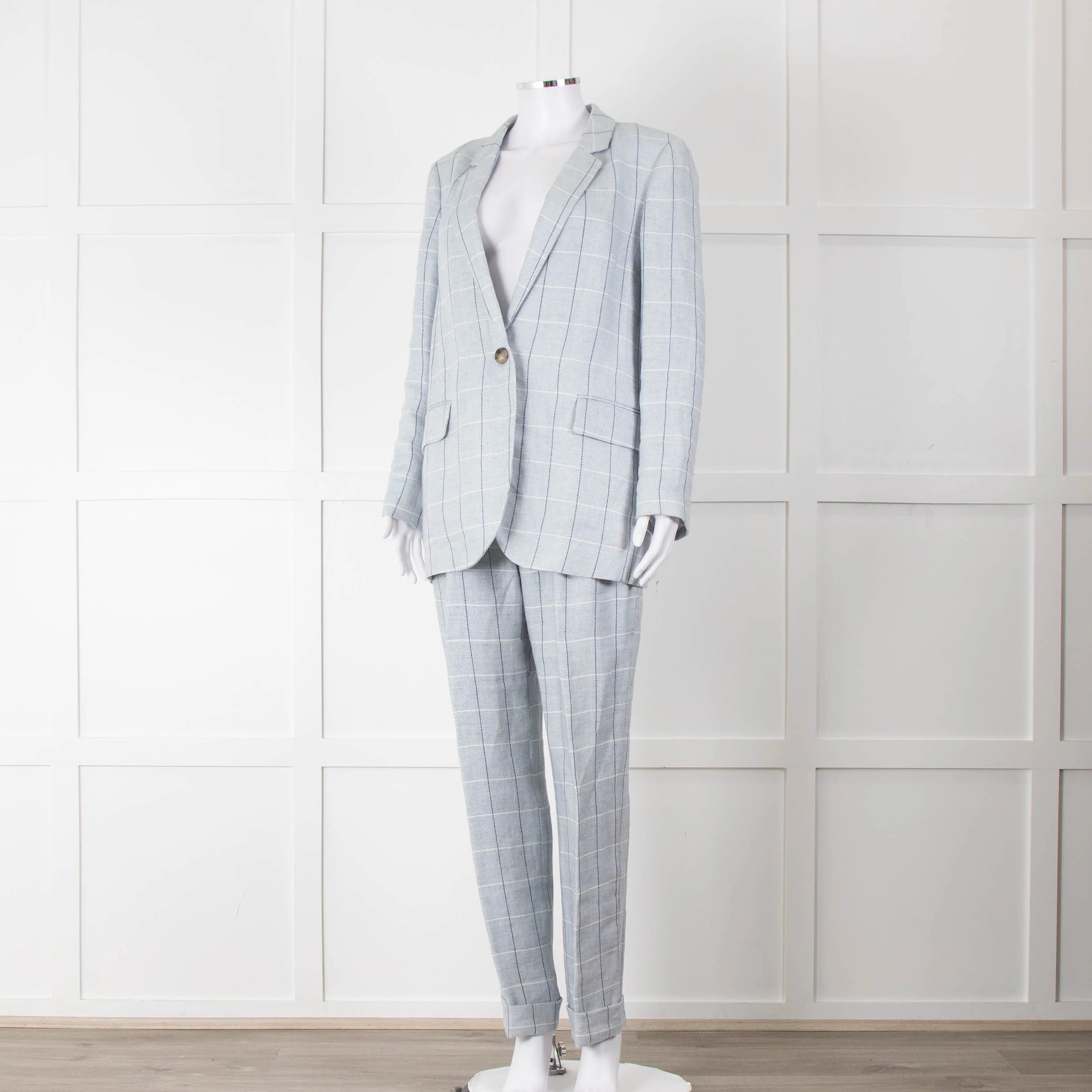 Peserico Pale Blue Check Linen Trousers with Turn Up - Image 16