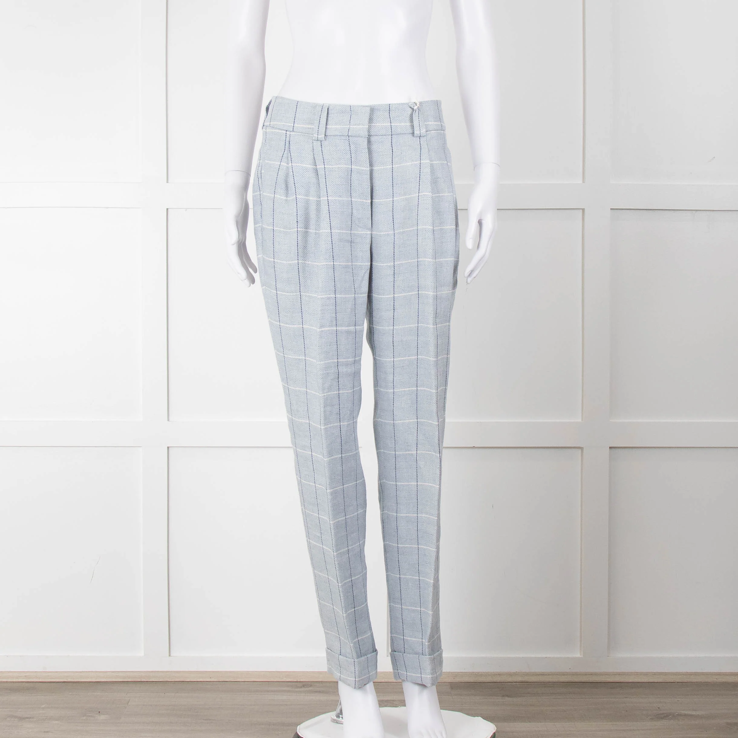 Peserico Pale Blue Check Linen Trousers with Turn Up - Image 2