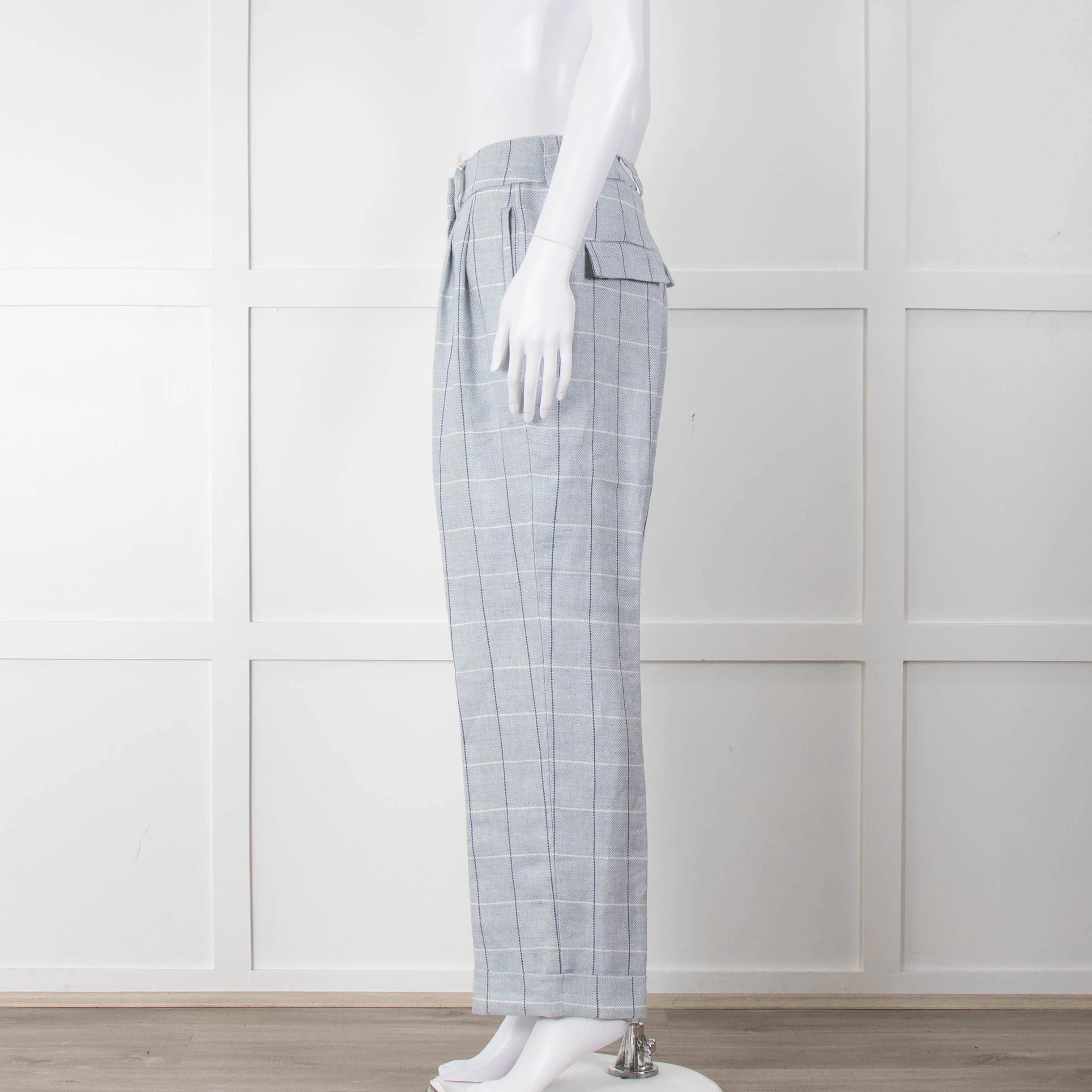 Peserico Pale Blue Check Linen Trousers with Turn Up - Image 8