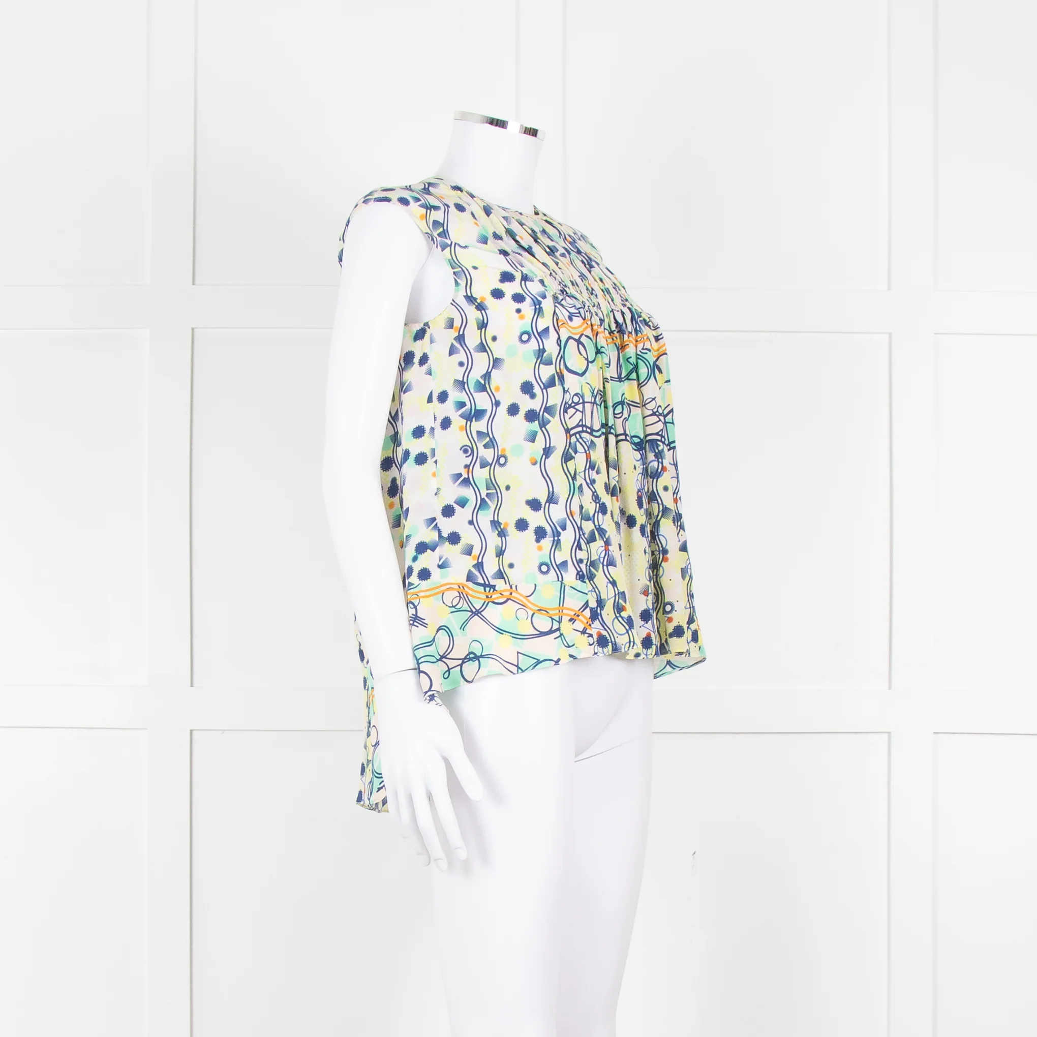 Peter Pilotto Cream Blue Yellow Floral Print Silk Sleeveless Top - Image 2