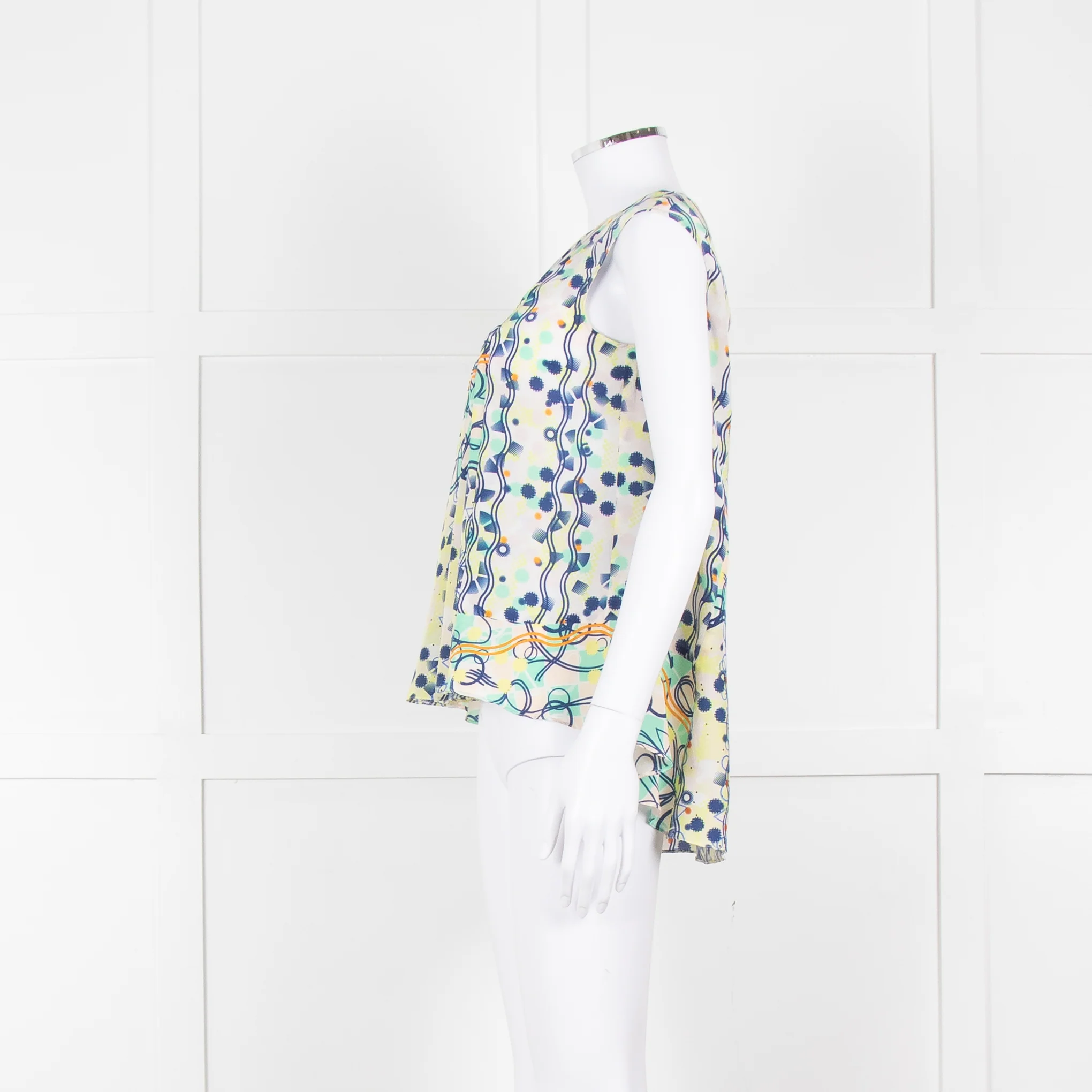 Peter Pilotto Cream Blue Yellow Floral Print Silk Sleeveless Top - Image 7