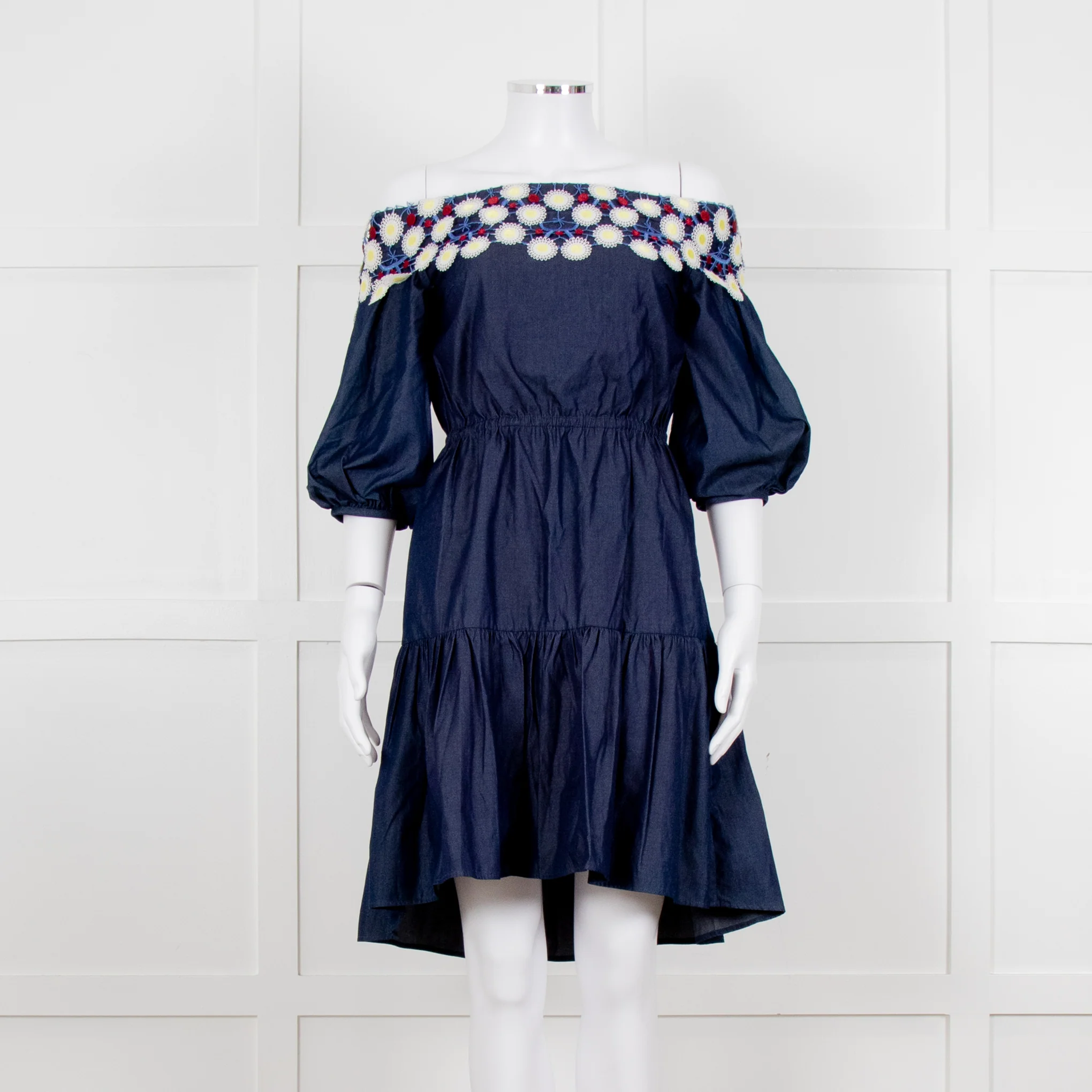 Peter Pilotto Navy White Yellow Lace Neck Trim Cotton Mini Dress