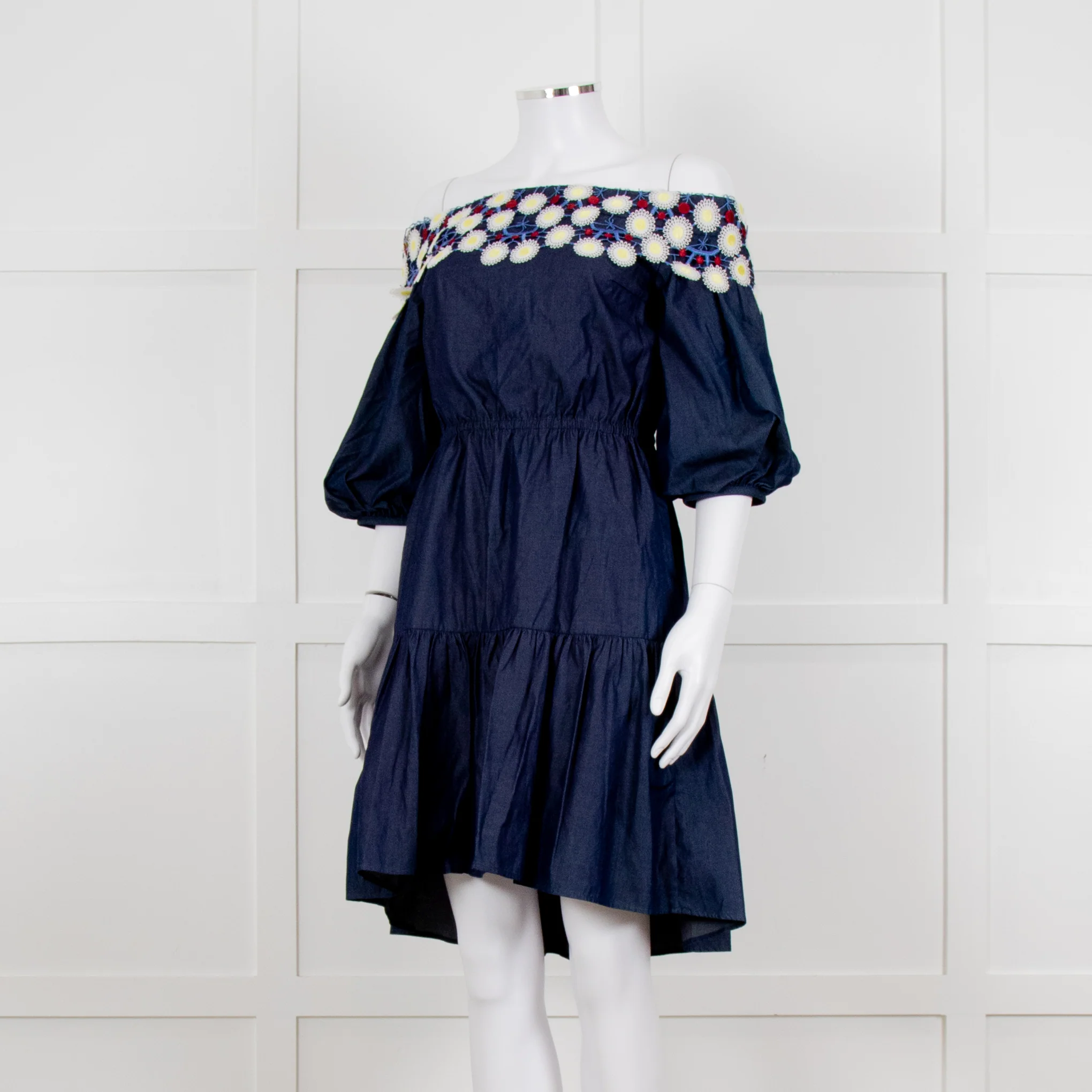 Peter Pilotto Navy White Yellow Lace Neck Trim Cotton Mini Dress - Image 2