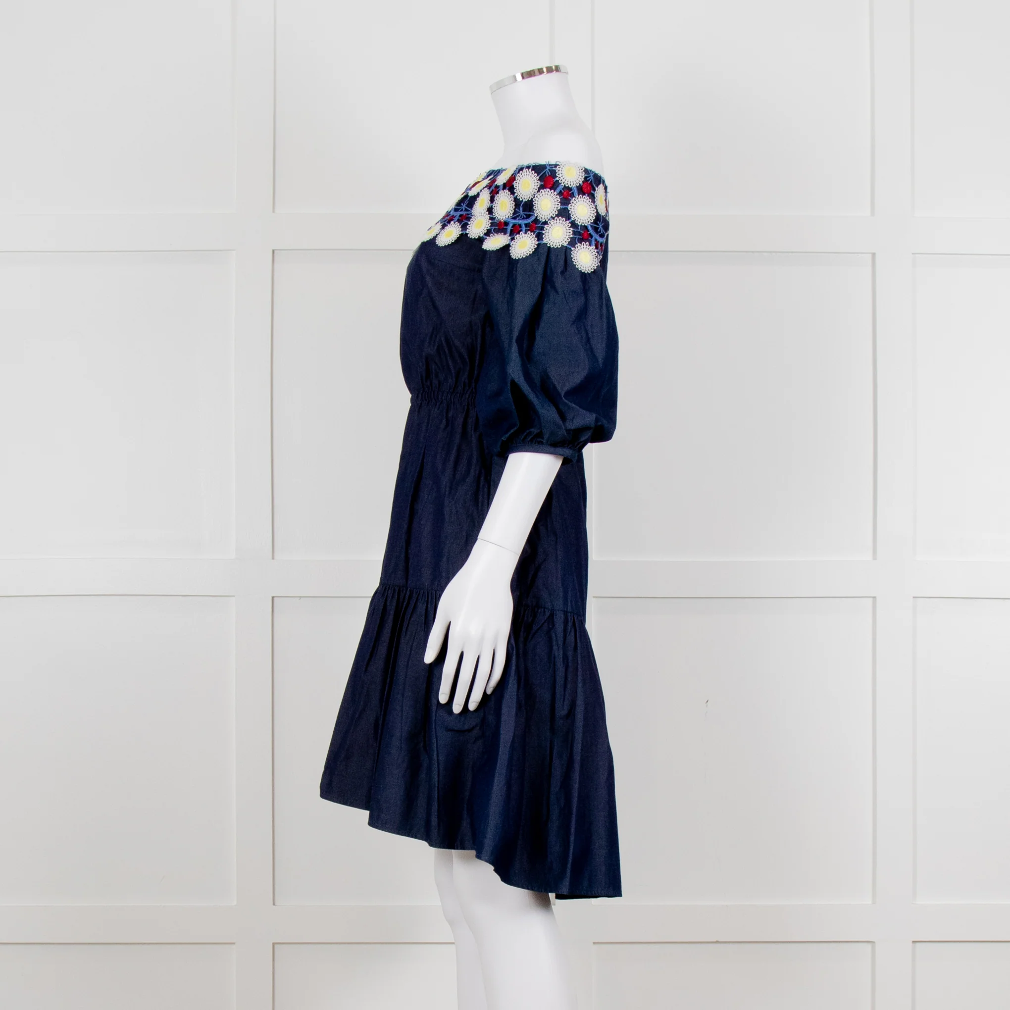 Peter Pilotto Navy White Yellow Lace Neck Trim Cotton Mini Dress - Image 3