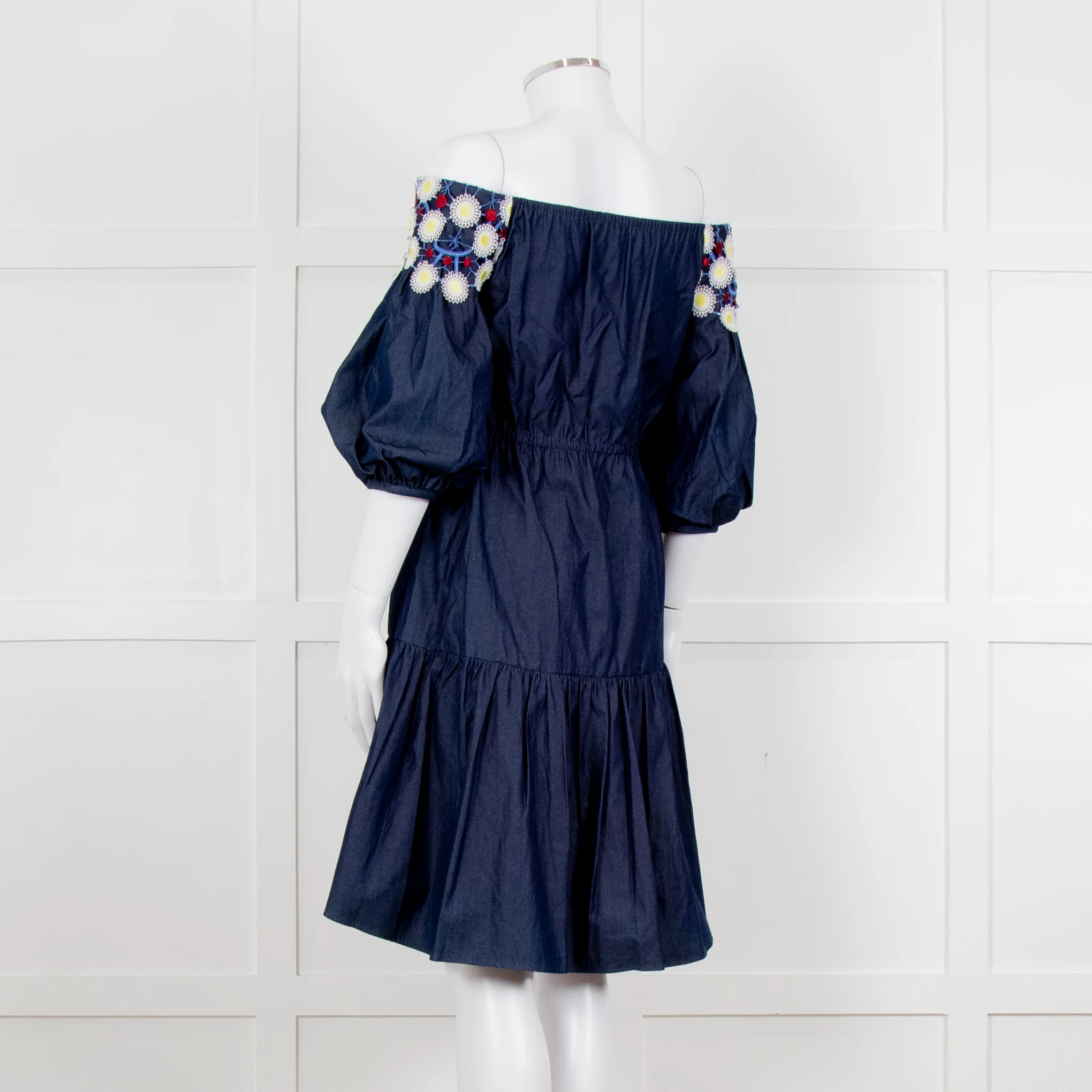 Peter Pilotto Navy White Yellow Lace Neck Trim Cotton Mini Dress - Image 4