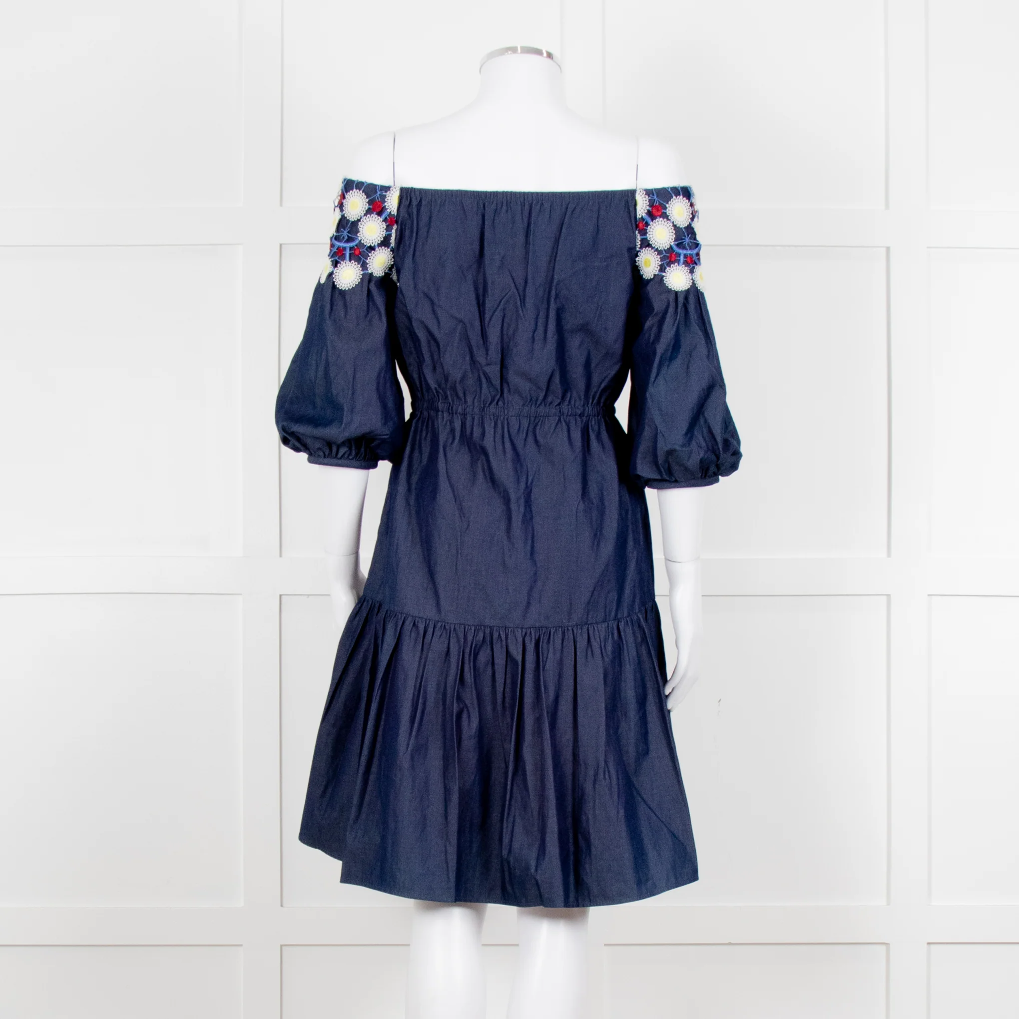 Peter Pilotto Navy White Yellow Lace Neck Trim Cotton Mini Dress - Image 5
