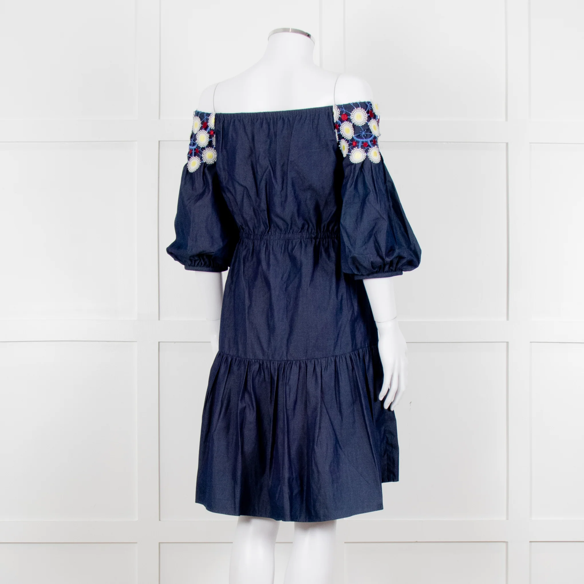 Peter Pilotto Navy White Yellow Lace Neck Trim Cotton Mini Dress - Image 6