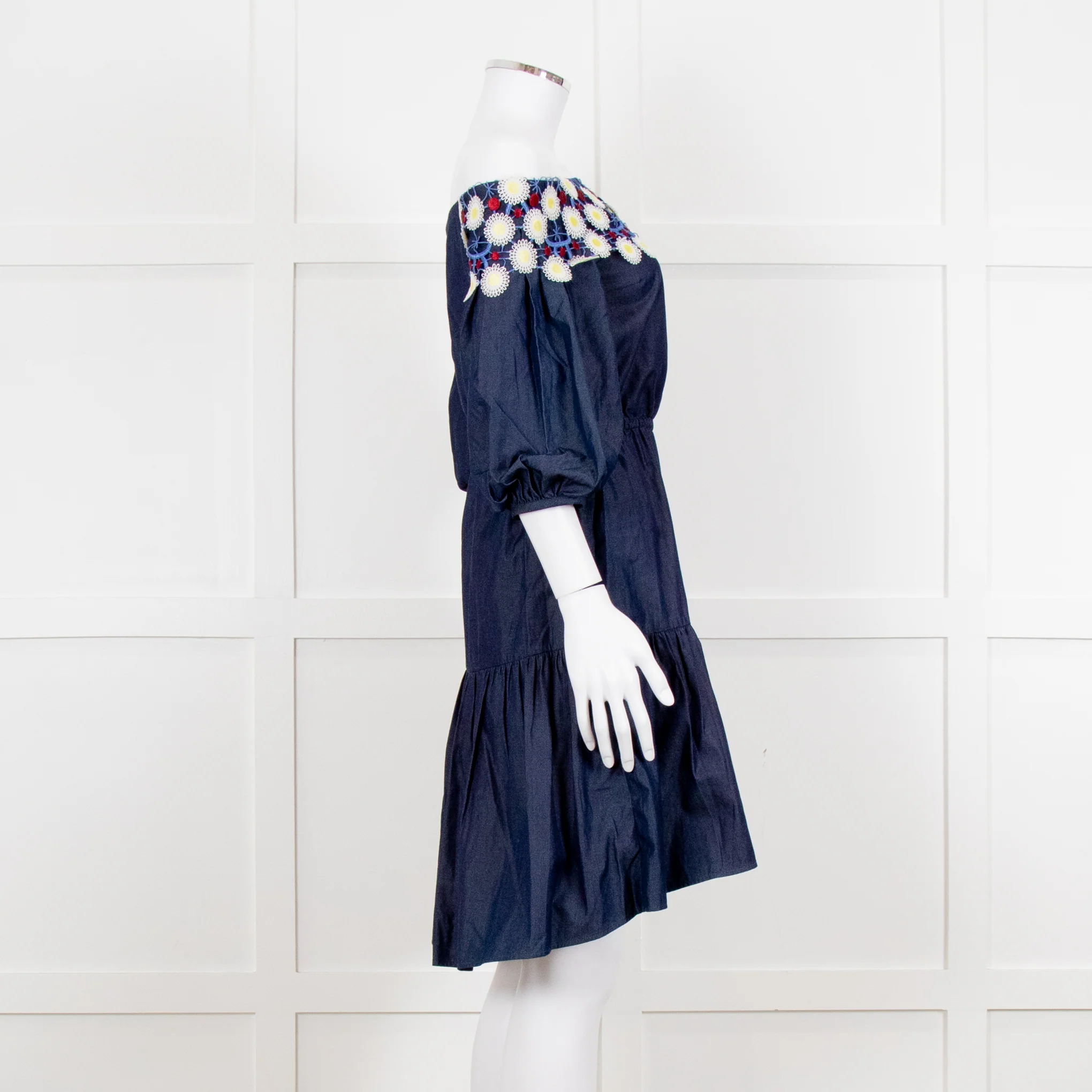 Peter Pilotto Navy White Yellow Lace Neck Trim Cotton Mini Dress - Image 7