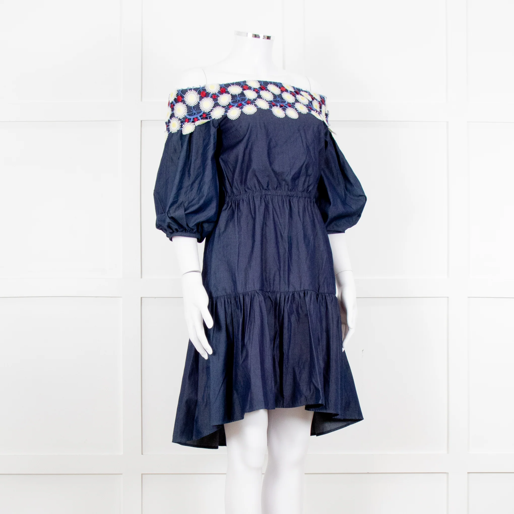 Peter Pilotto Navy White Yellow Lace Neck Trim Cotton Mini Dress - Image 8
