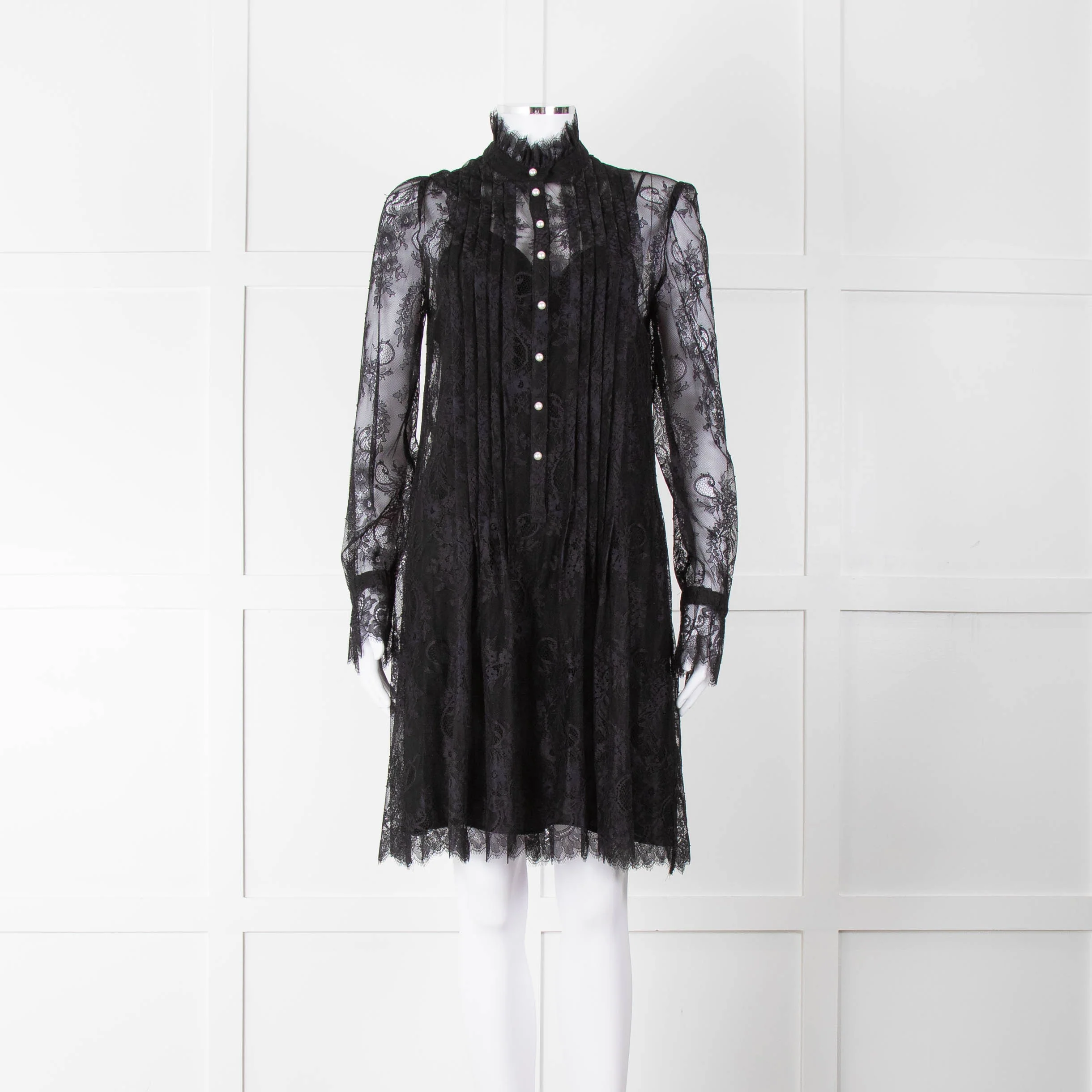 Philosophy Black Lace Pearl Button Long Sleeve Dress With Slip