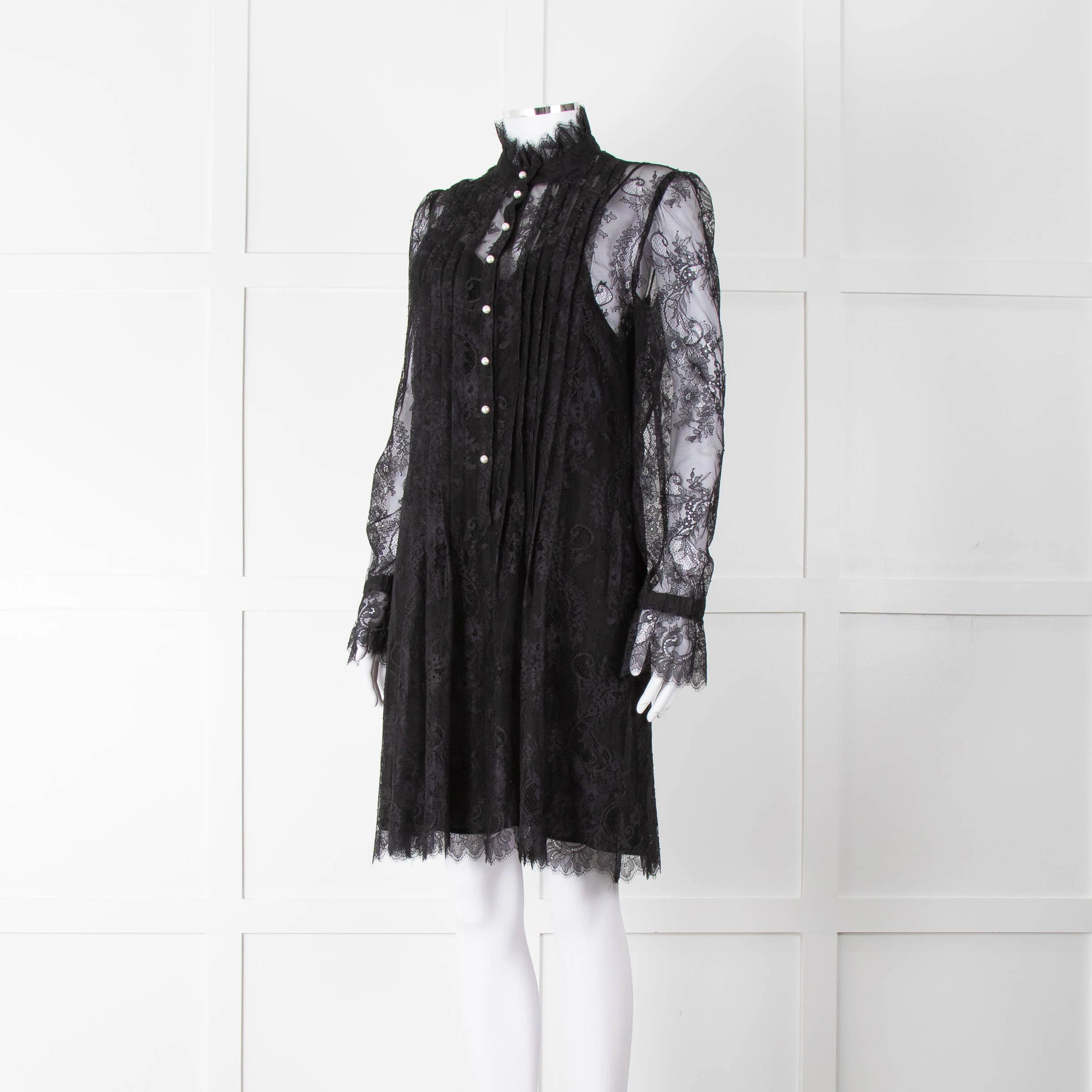 Philosophy Black Lace Pearl Button Long Sleeve Dress With Slip - Image 8