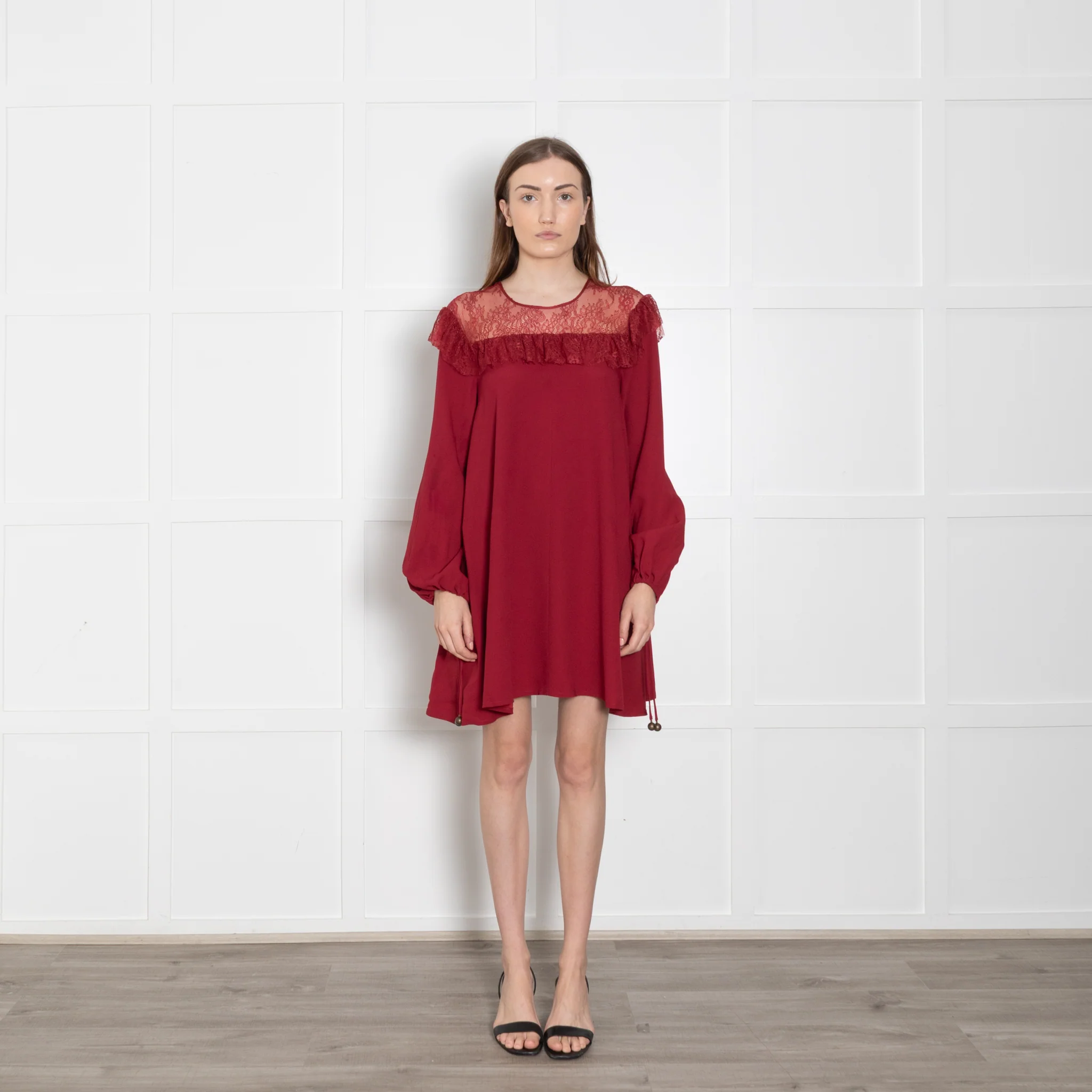 Philosophy Di Lorenzo Serafini Red Lace Trim Short Long Sleeve Dress
