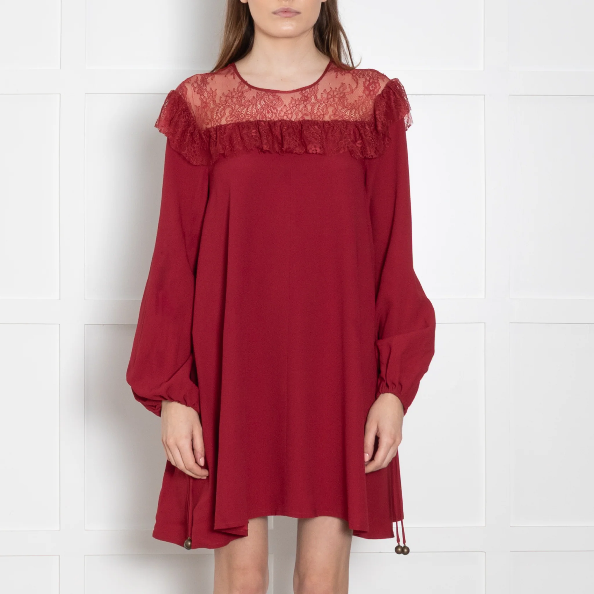 Philosophy Di Lorenzo Serafini Red Lace Trim Short Long Sleeve Dress - Image 2