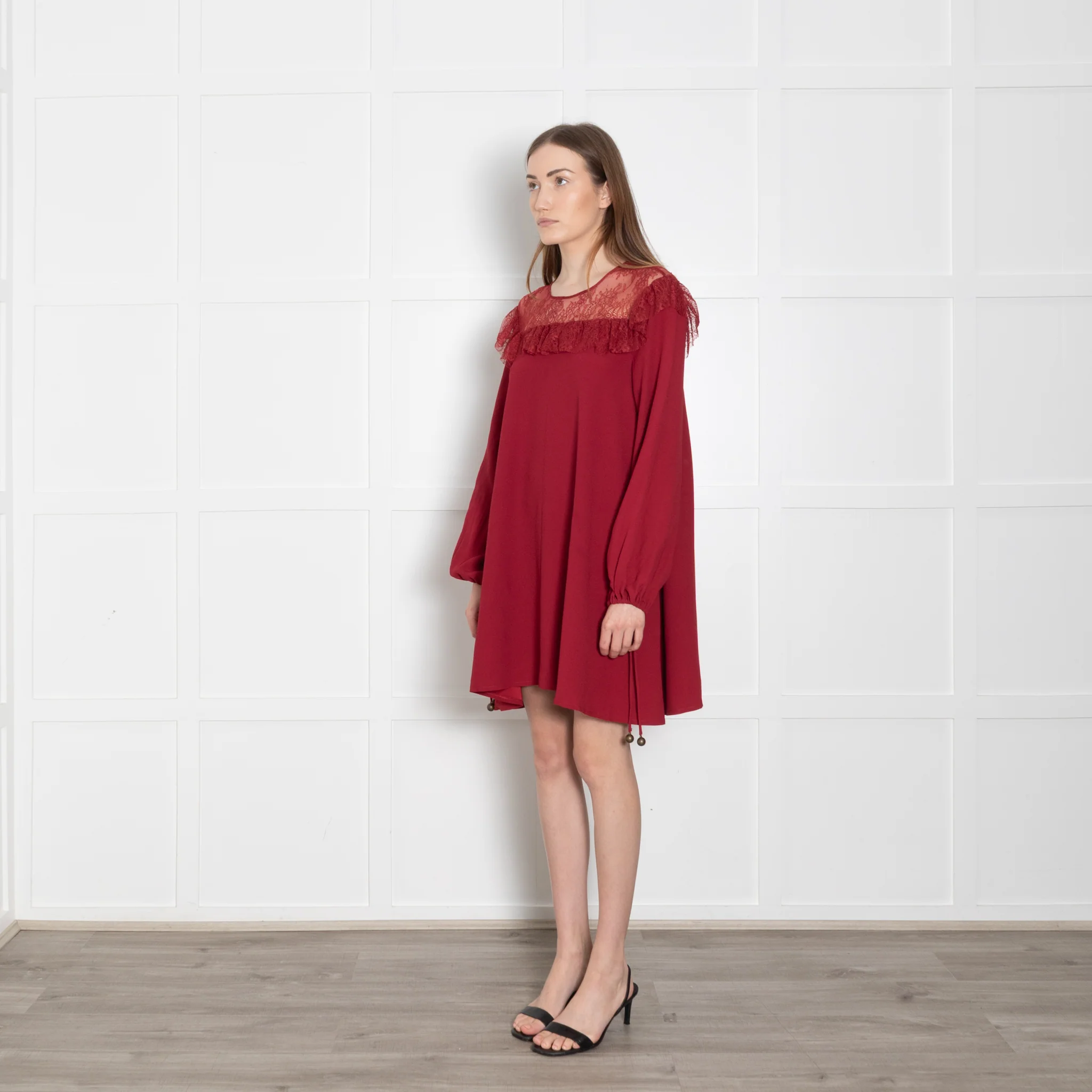 Philosophy Di Lorenzo Serafini Red Lace Trim Short Long Sleeve Dress - Image 3