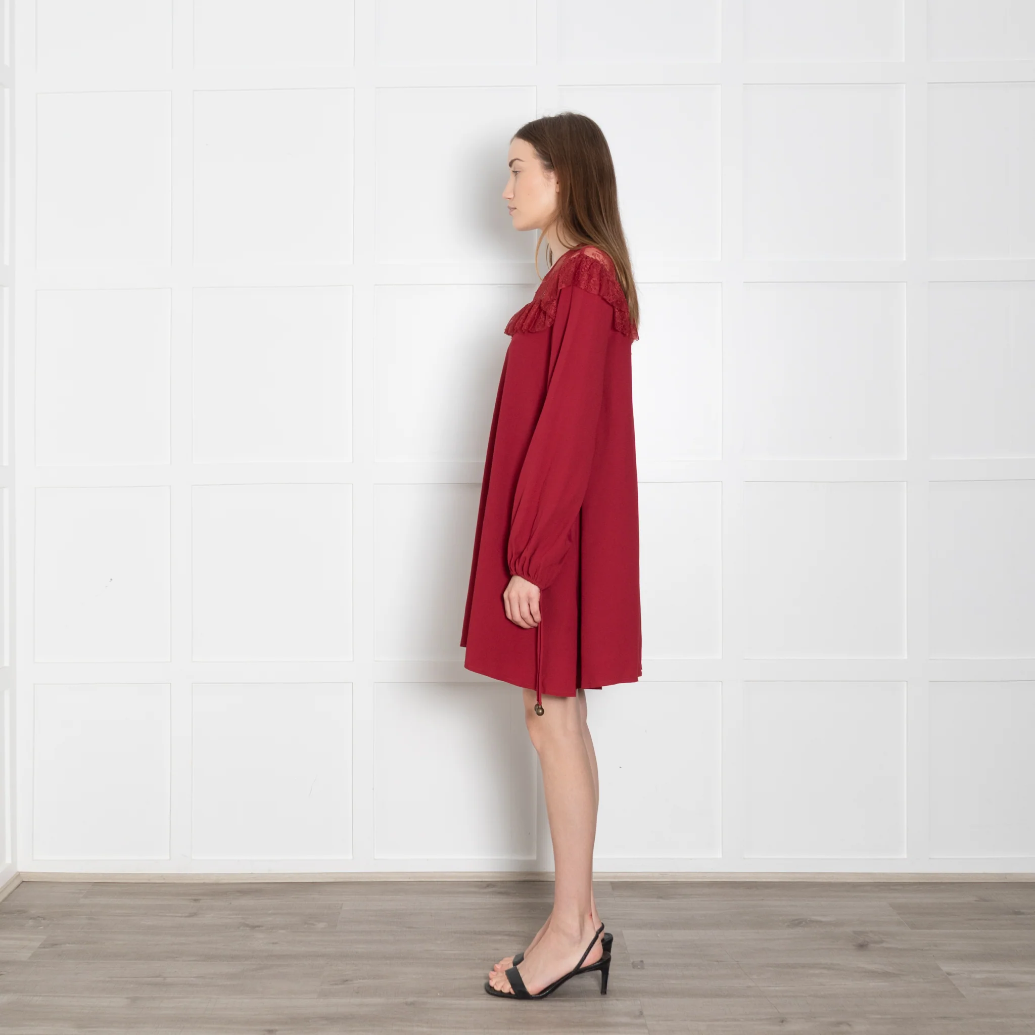Philosophy Di Lorenzo Serafini Red Lace Trim Short Long Sleeve Dress - Image 4