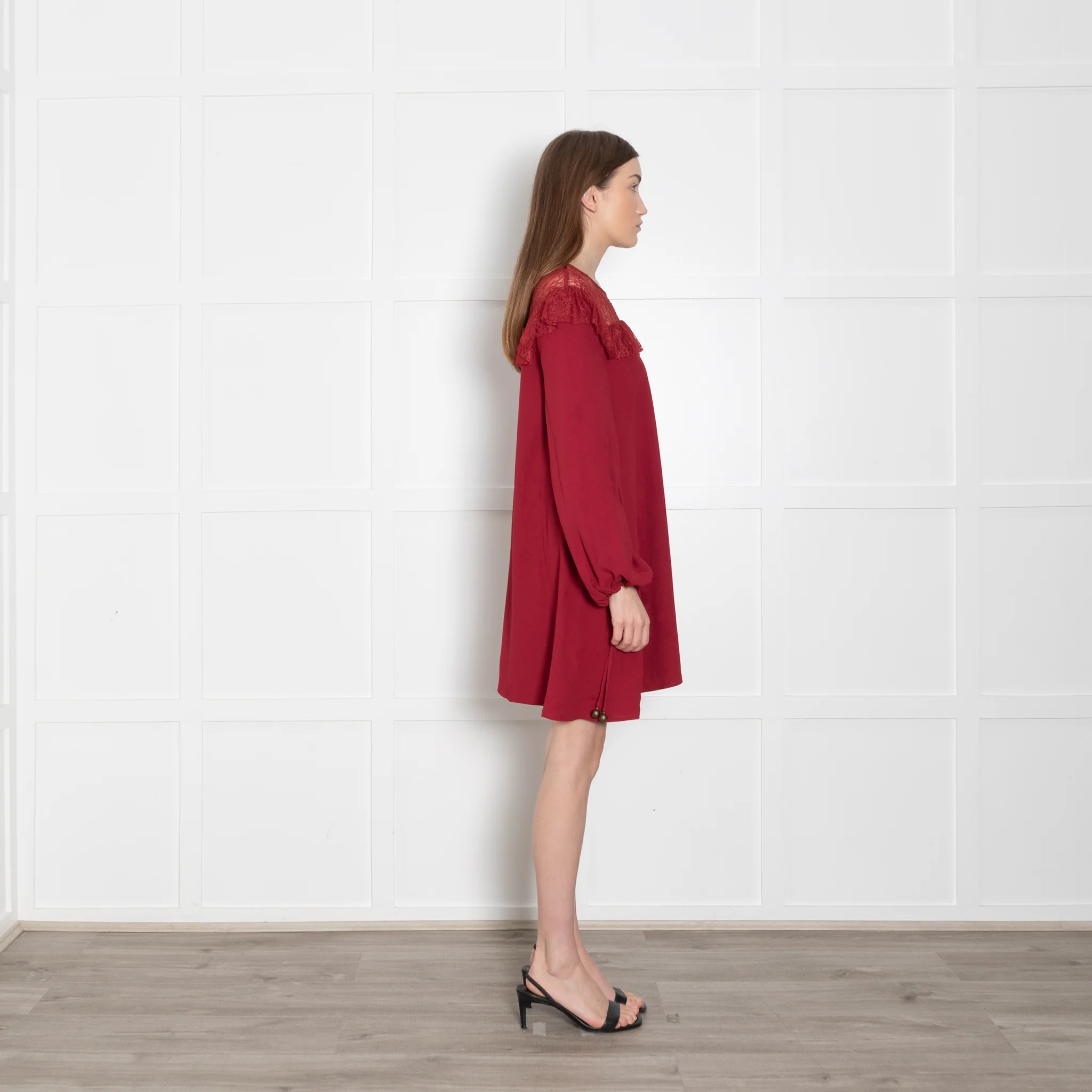 Philosophy Di Lorenzo Serafini Red Lace Trim Short Long Sleeve Dress - Image 6