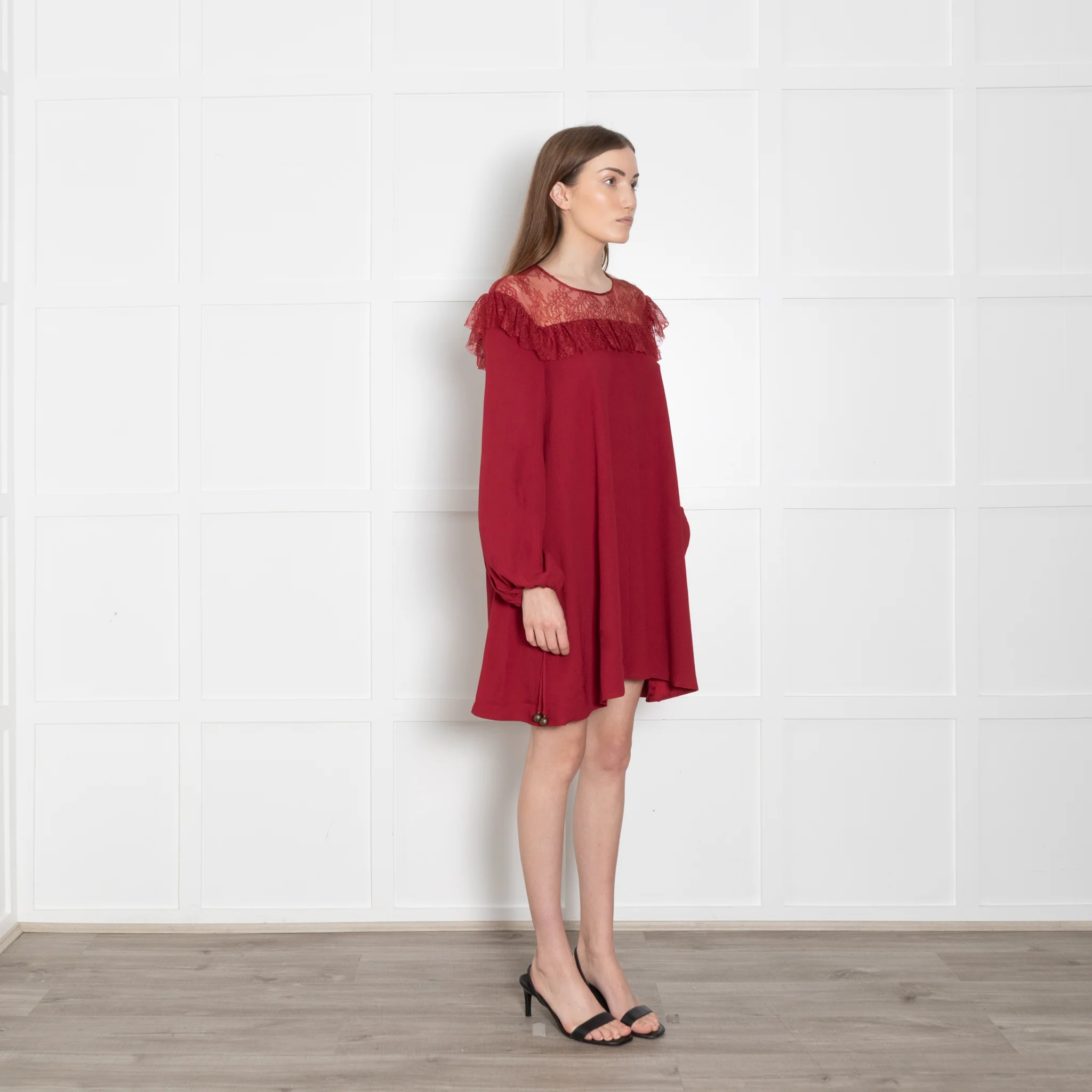 Philosophy Di Lorenzo Serafini Red Lace Trim Short Long Sleeve Dress - Image 7