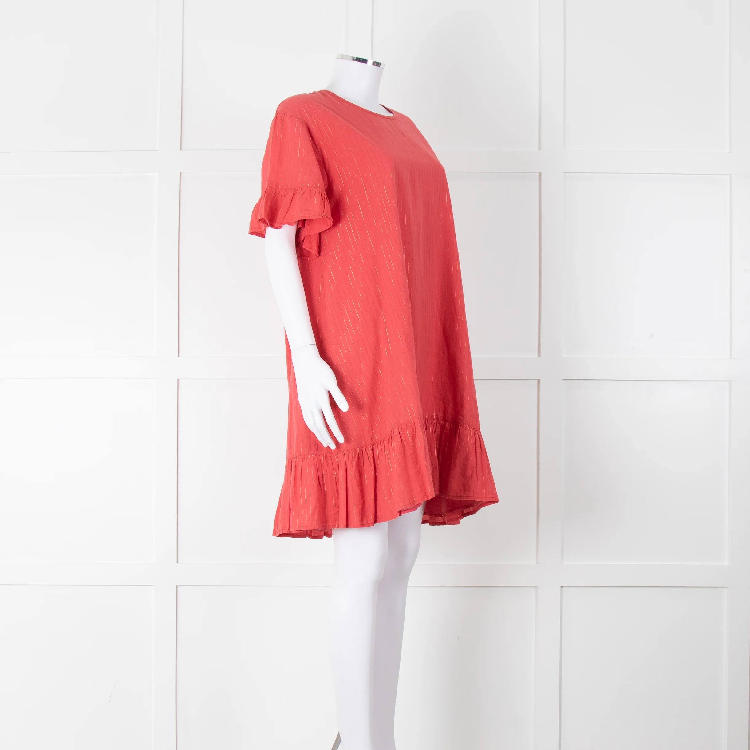 Pink Chicken Coral Lurex Stripe Ruffle Short Sleeve Dress - Image 2