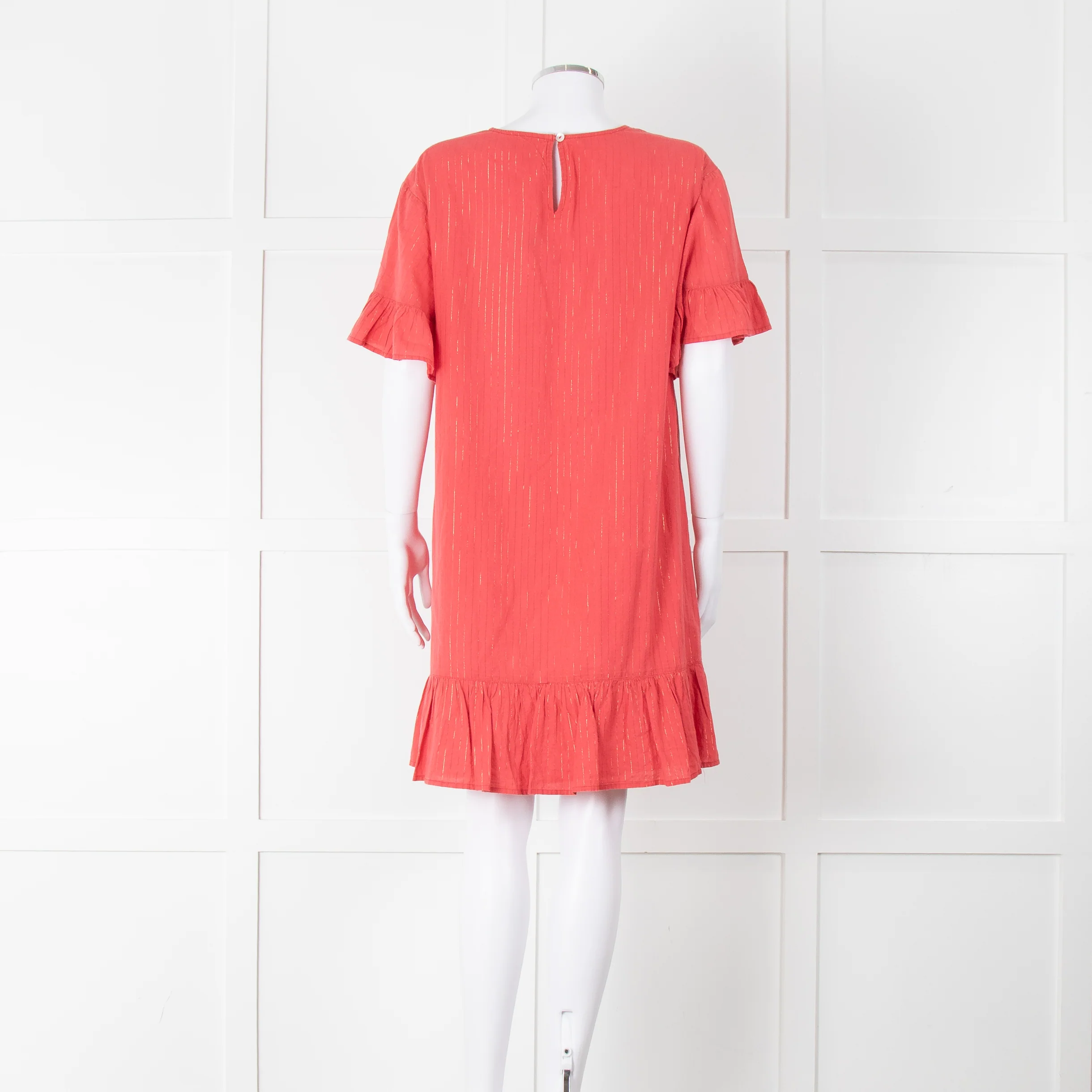 Pink Chicken Coral Lurex Stripe Ruffle Short Sleeve Dress - Image 5