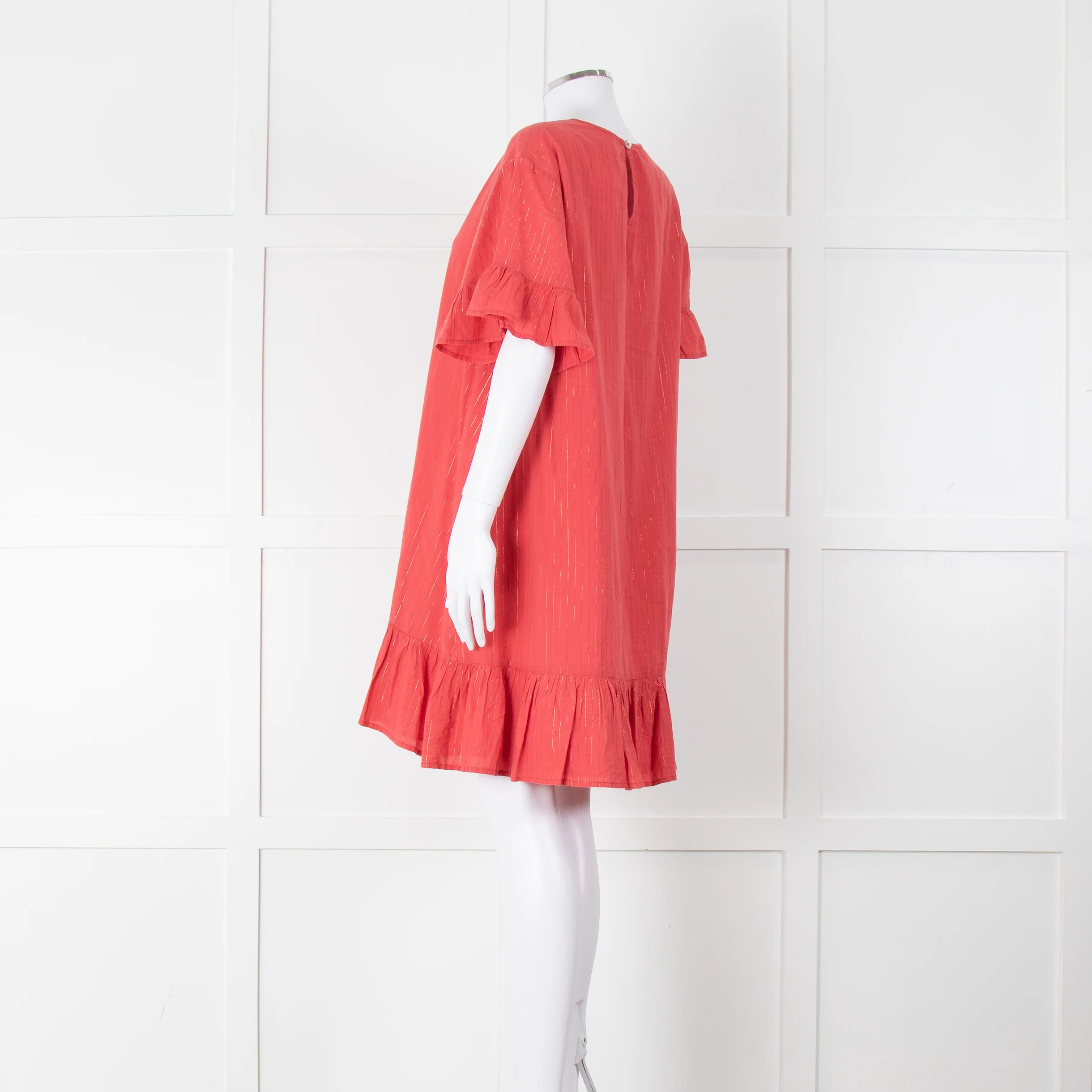 Pink Chicken Coral Lurex Stripe Ruffle Short Sleeve Dress - Image 6