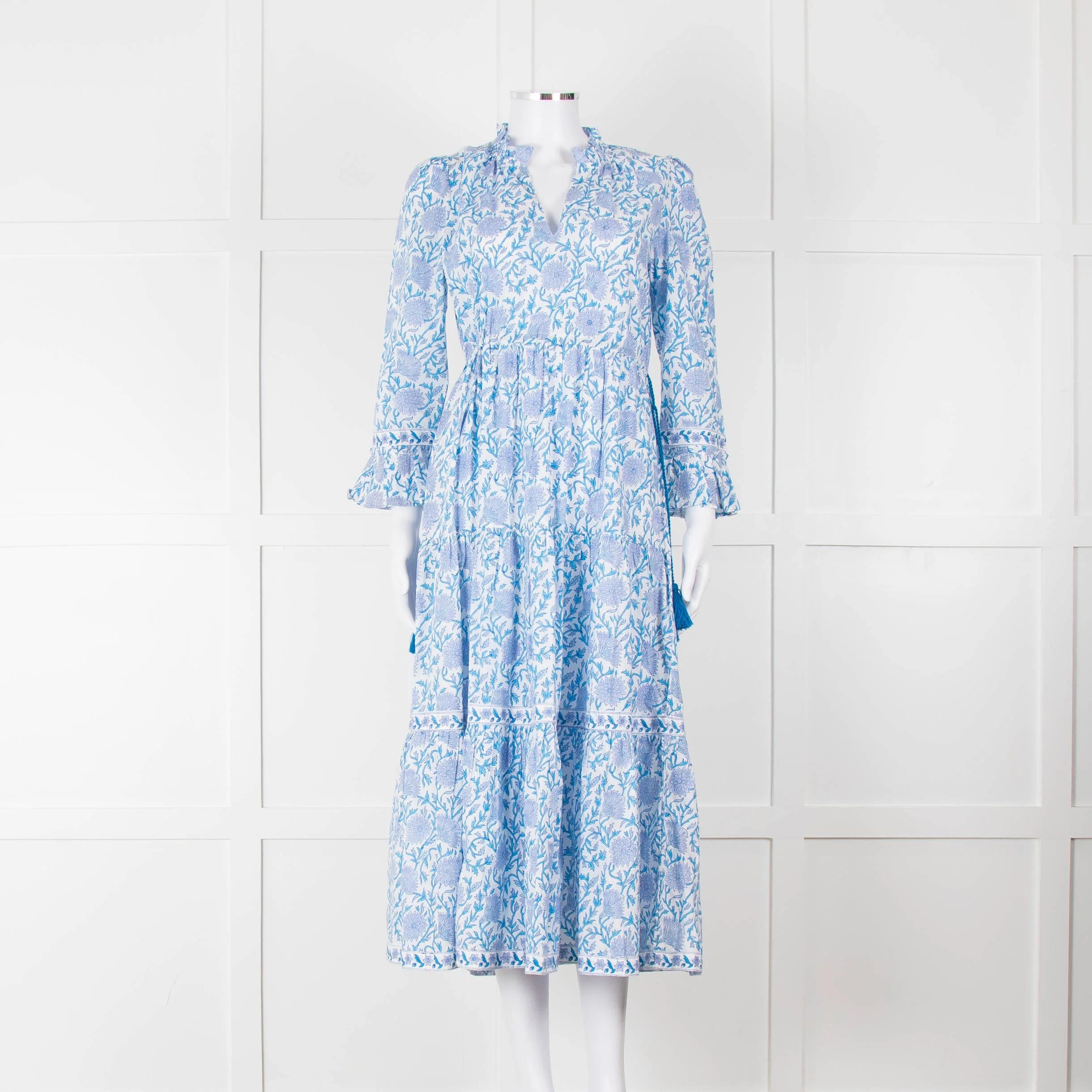 Pink City Prints White Blue Floral Cotton Tiered Midi Dress
