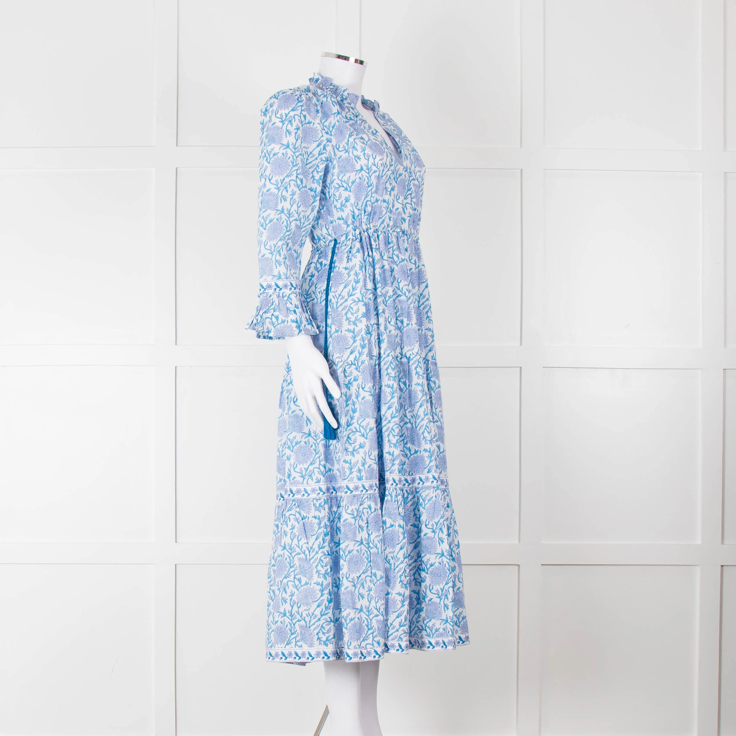 Pink City Prints White Blue Floral Cotton Tiered Midi Dress - Image 2