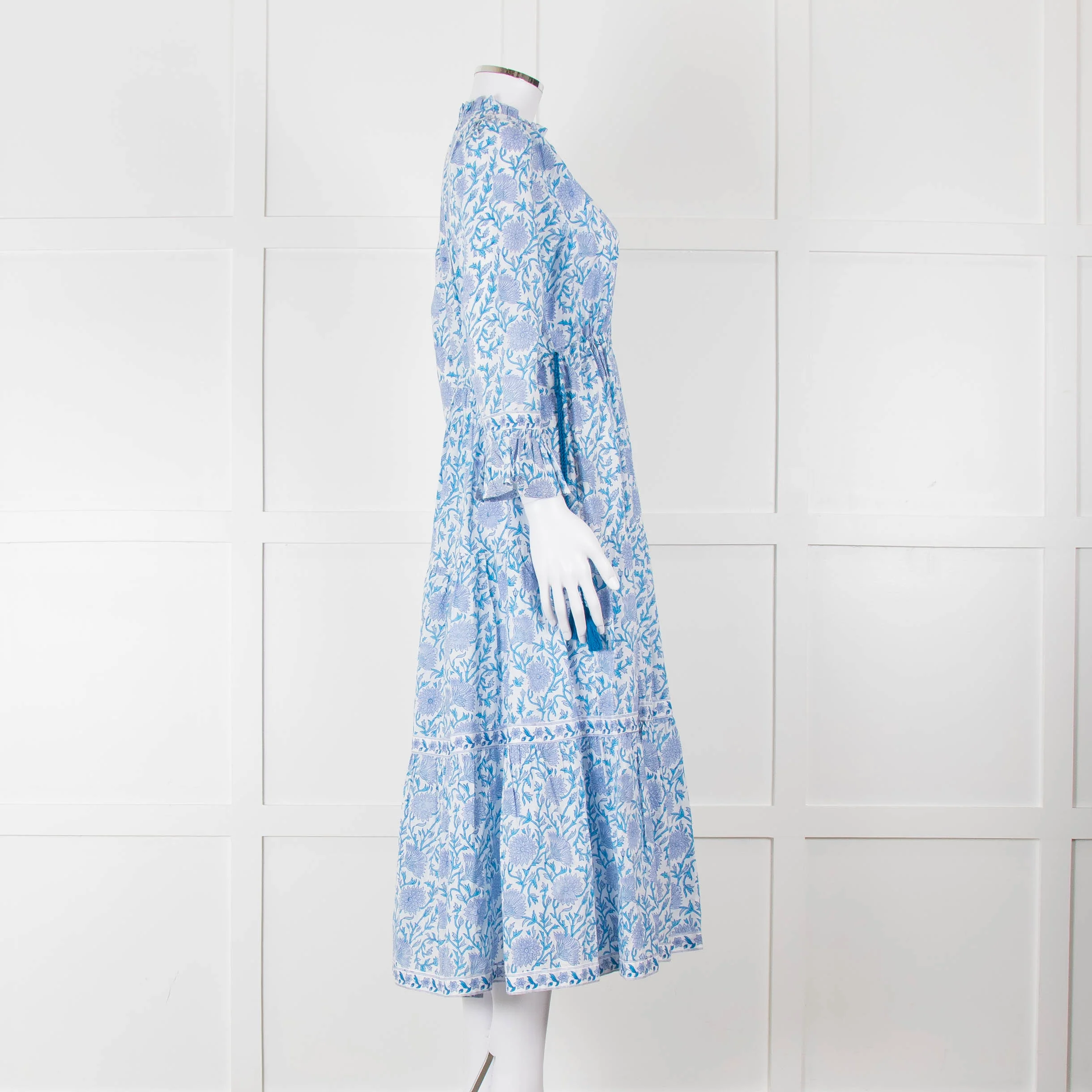 Pink City Prints White Blue Floral Cotton Tiered Midi Dress - Image 3