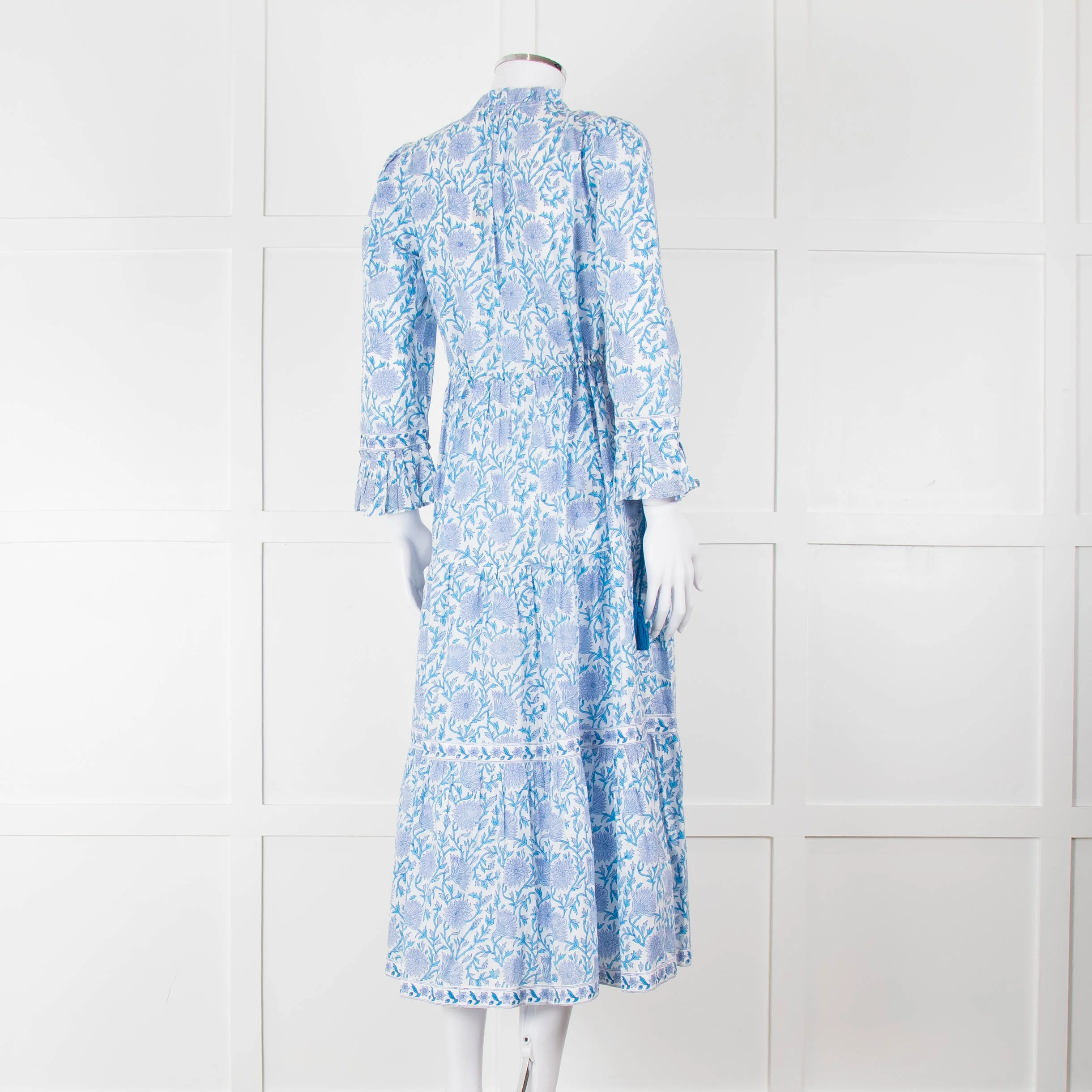 Pink City Prints White Blue Floral Cotton Tiered Midi Dress - Image 4