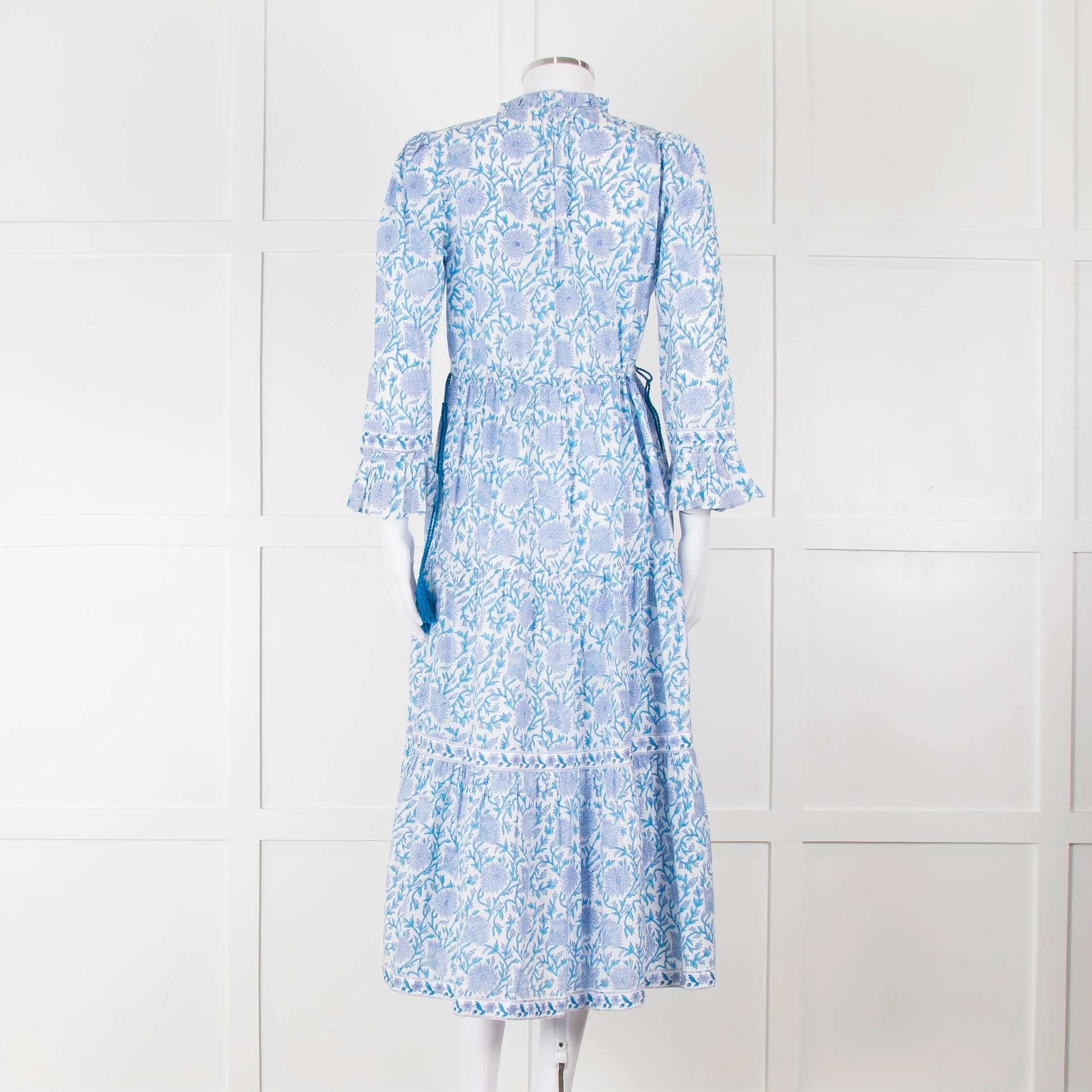 Pink City Prints White Blue Floral Cotton Tiered Midi Dress - Image 5