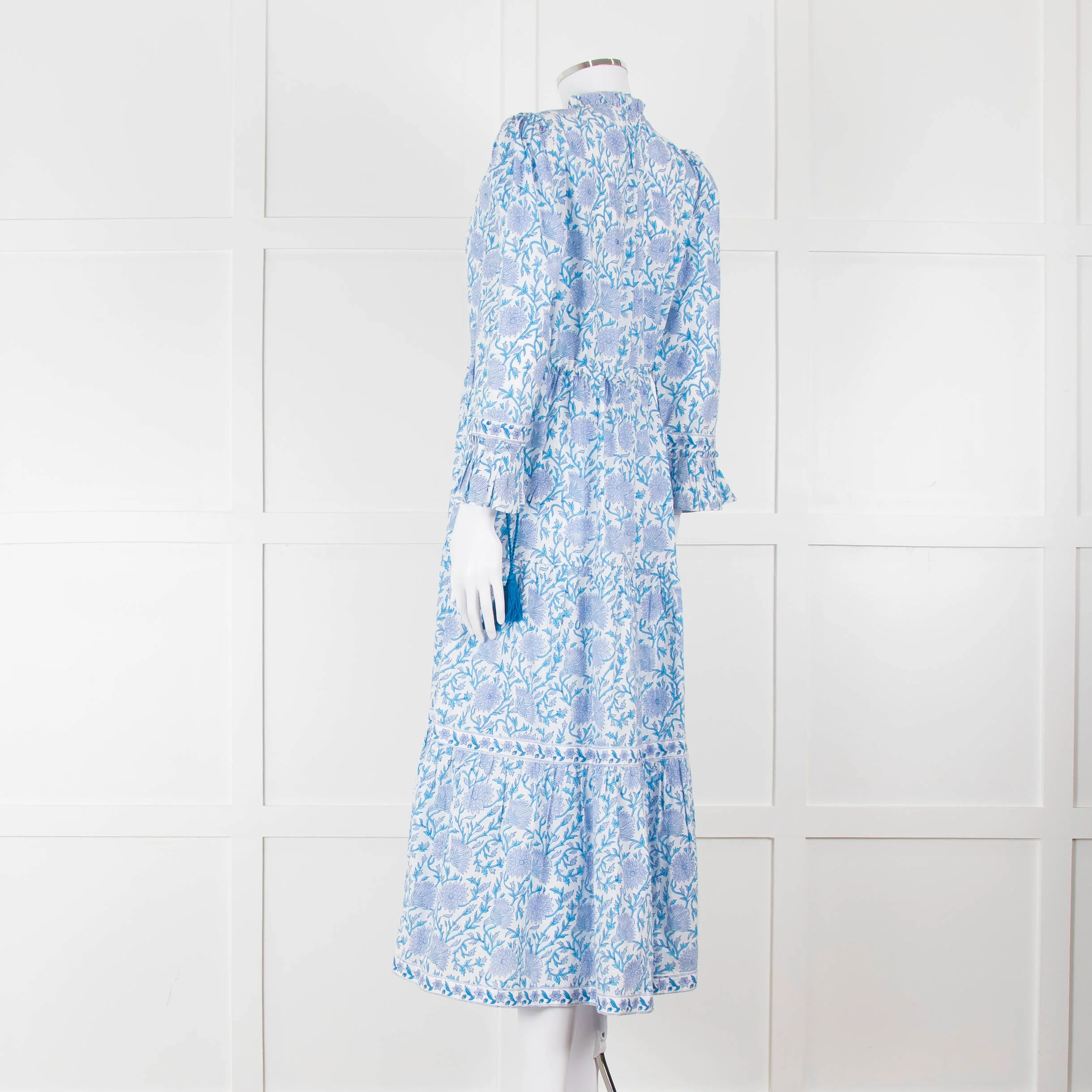 Pink City Prints White Blue Floral Cotton Tiered Midi Dress - Image 6
